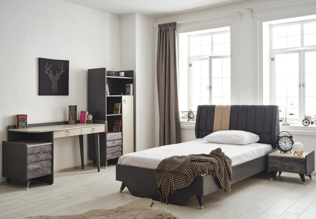 JVmoebel Jugendzimmer-Set Elegantes graues Schlafzimmer-Set aus Holz und Glas für Jugendliche, (7-tlg., Bett, Nachttisch, Kleiderschrank, Kommode, Schreibtisch, – Bild 3 von 4