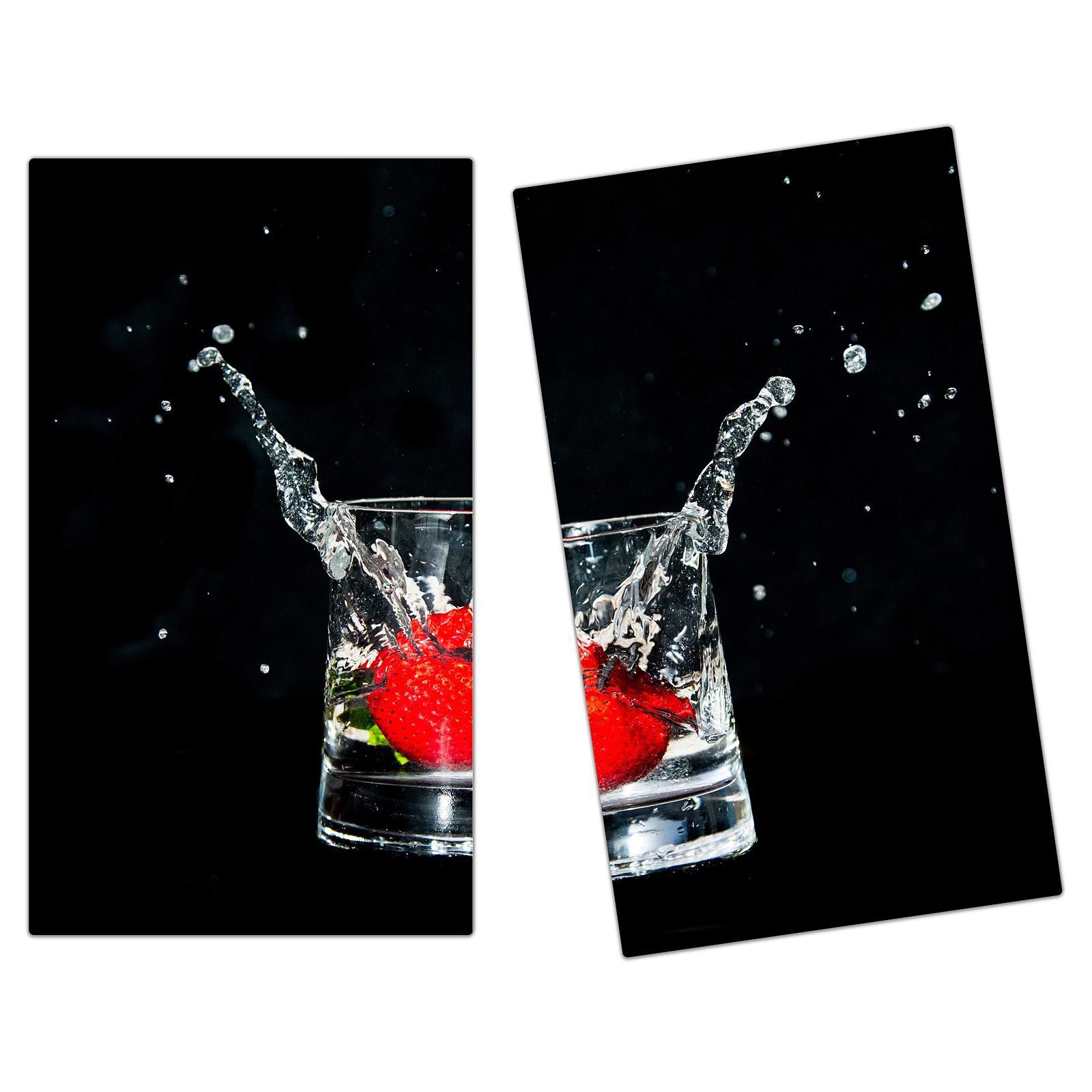 Primedeco Herd-Abdeckplatte Herdabdeckplatte Spritzschutz aus Glas Erdbeere in Wasserglas, Glas, (2 tlg)