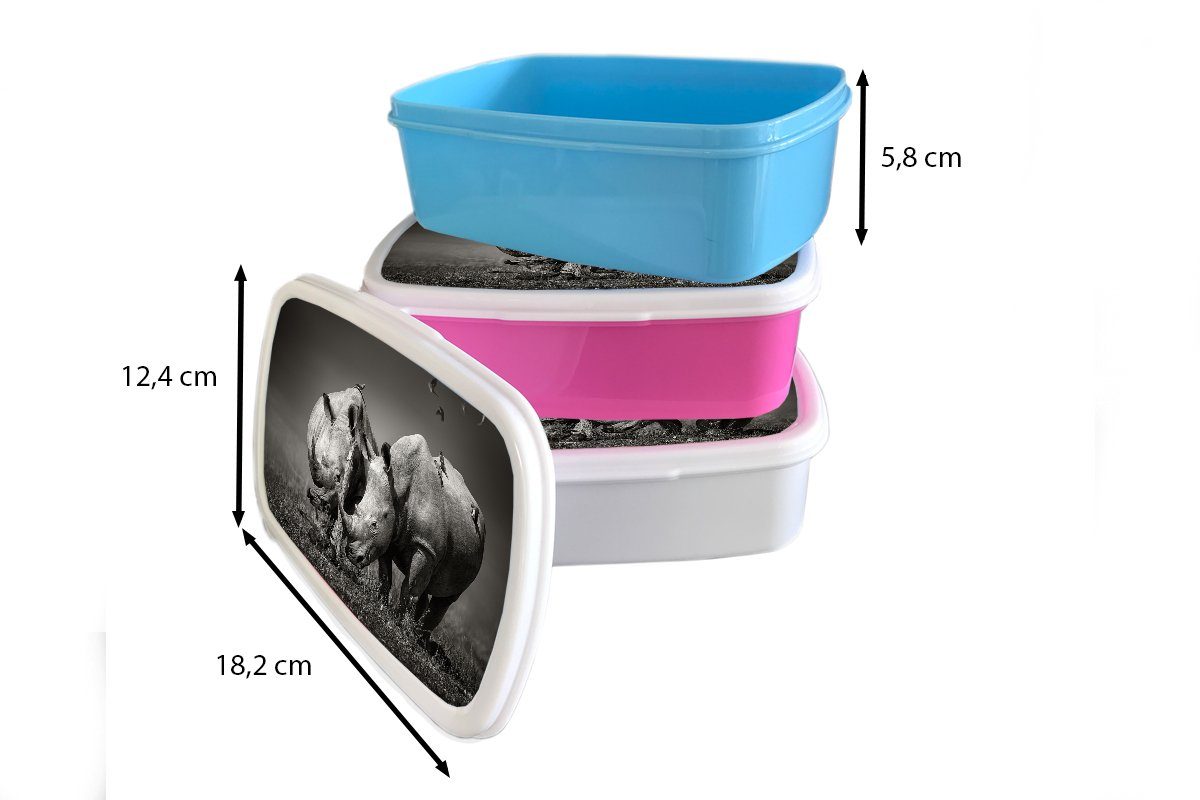MuchoWow Lunchbox Erwachsene, (2-tlg), - Mädchen, Brotbox Kunststoff - für Brotdose weiß, und Kunststoff, Schwarz - Kinder, - Snackbox, rosa Nashorn Vogel Landschaft Tiere