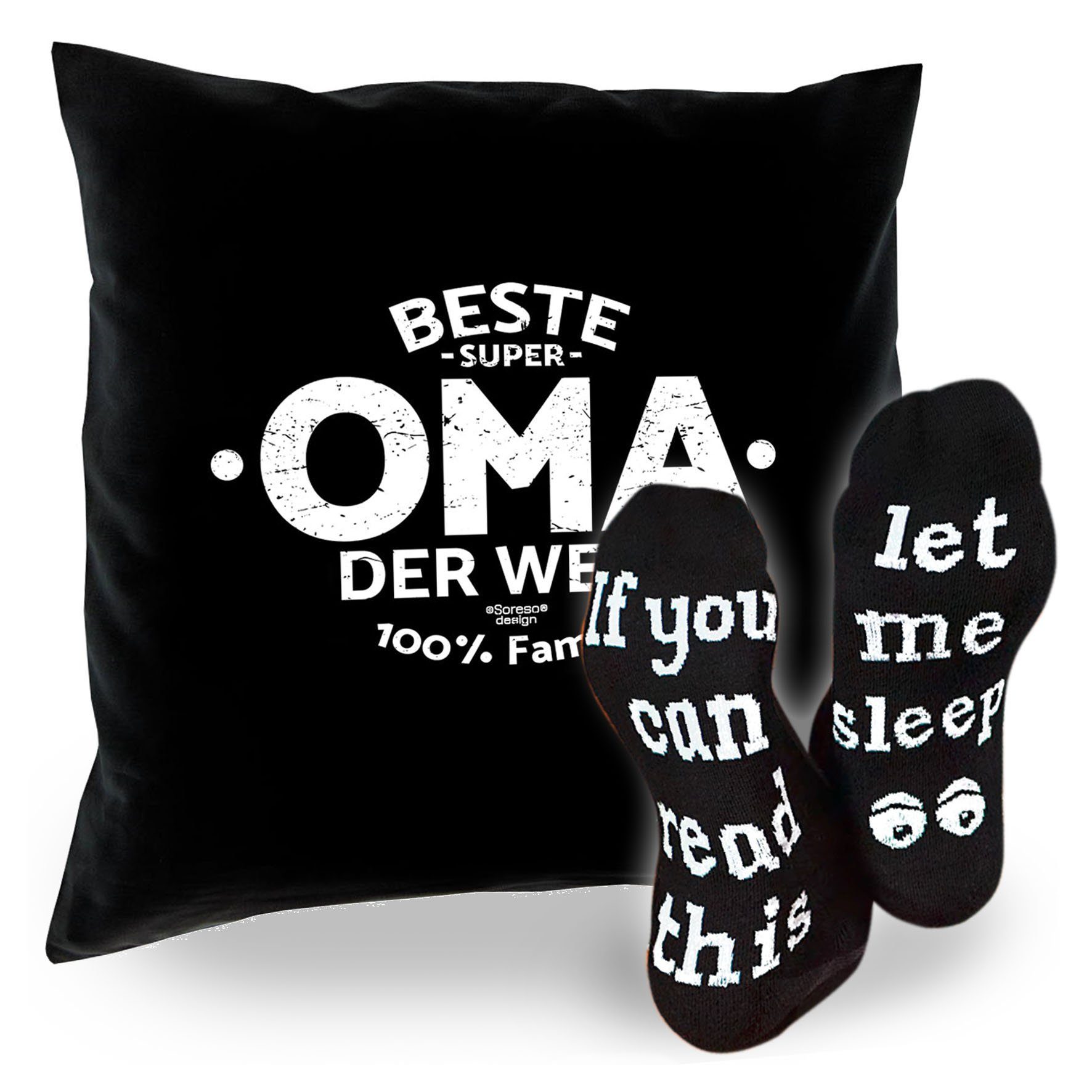 Soreso® Dekokissen Kissen Beste Oma der Welt & Sprüche Socken Sleep, Geschenke für Großmutter Geschenkidee schwarz