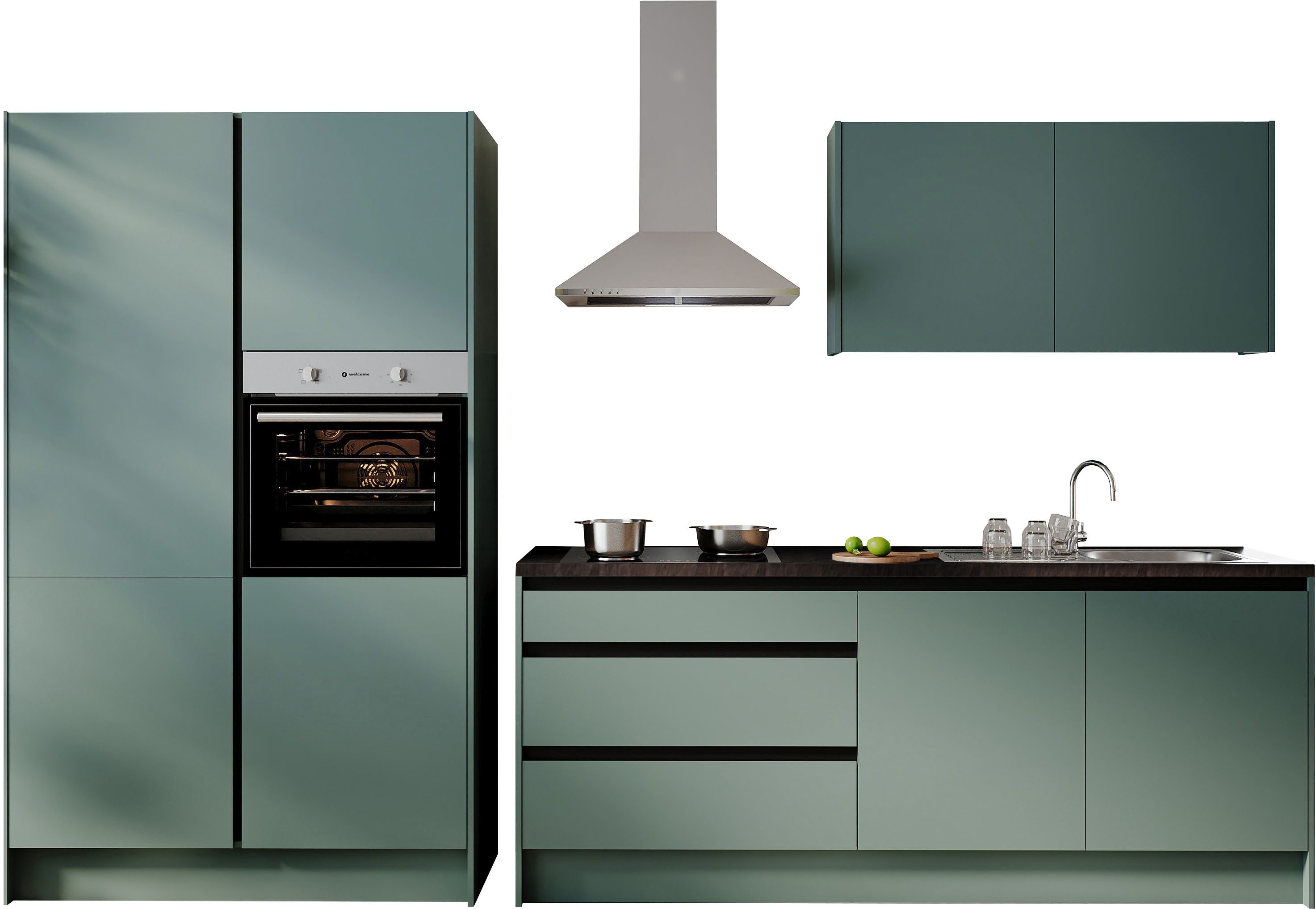 BASIC by Balculina Küchenzeile Isis B/T/H 335x60x210 cm, Breite 273 cm, wahlweise mit E-Geräten und Induktionskochfeld