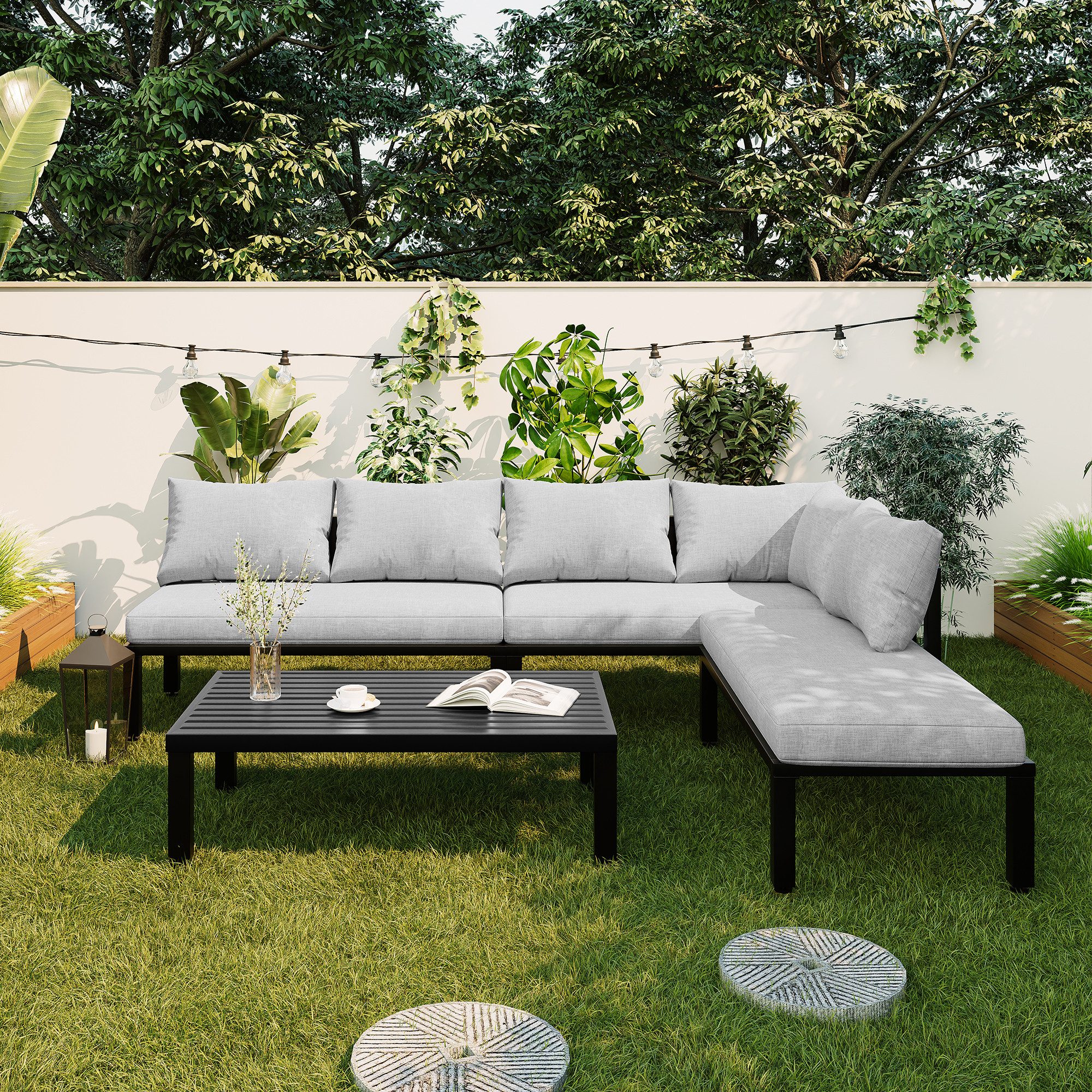 OKWISH Gartenlounge-Set 6-Sitzer Garten-Essgruppe mit verzinktem Eisenrahmen, (Set, 2-tlg., Modulares Sofa mit verstellbaren Beinen), Abnehmbare Rückenlehne & Eisentischplatte in Grau