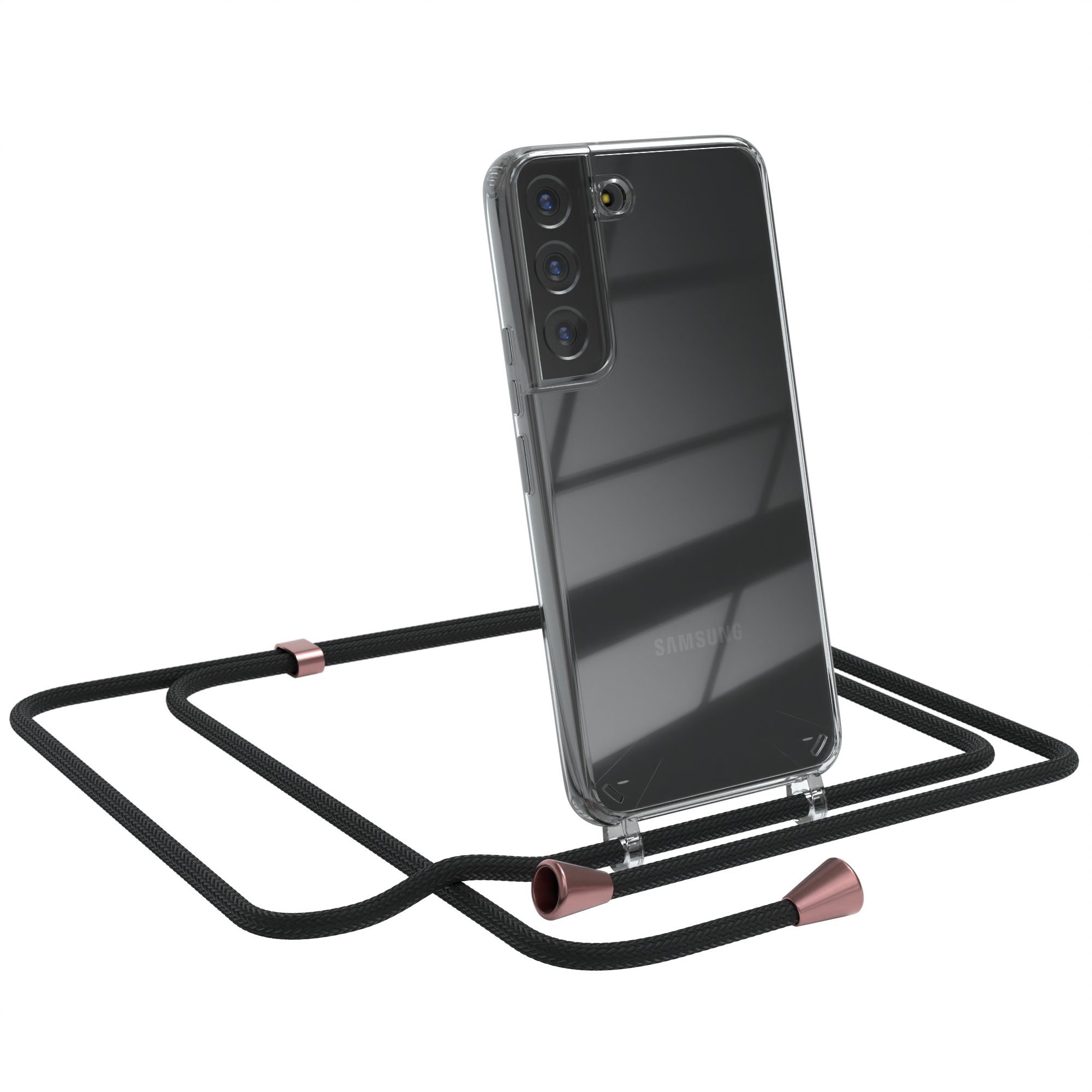 EAZY CASE Handykette Hülle mit Kette für Samsung Galaxy S22 5G 6,1 Zoll, Handykordel Smartphonekette für Unterwegs Festivalbag Schwarz Rosé