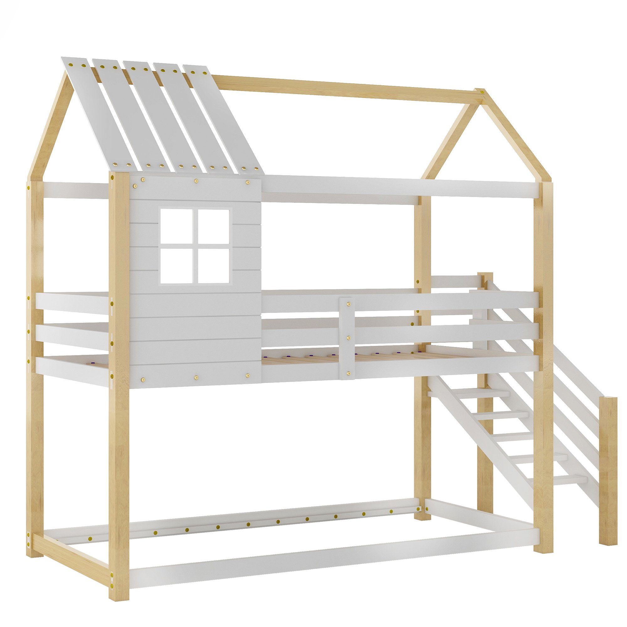 Fangqi Hausbett 90x200 aus Rahmen mit großes Fenster, Natur Fallschutz Kiefernholz) Ecktreppe, (Jugend-Etagenbett und Geländer mit Kinder-Etagenbett