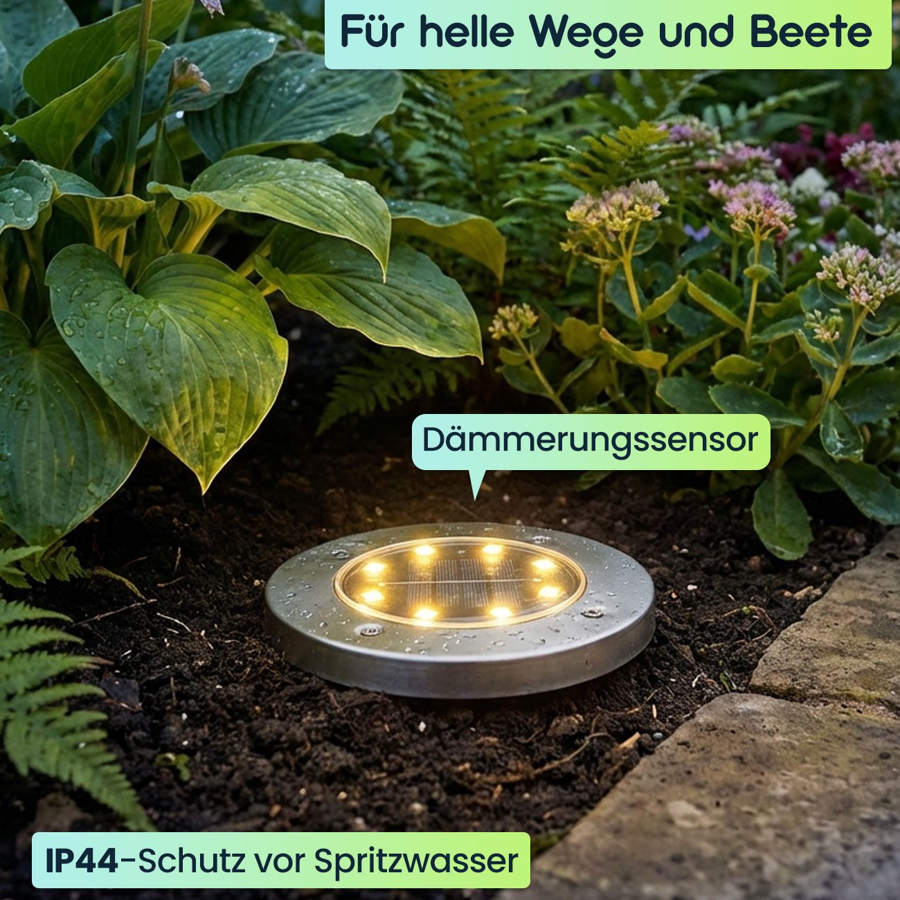 Casativo Gartenstrahler Solar-Bodenstrahler 200lm IP44 Erdspieß Garten-Außenleuchte Ø 11,5cm, LED fest integriert, 8-LEDs je Strahler, Wegleuchte, Dämmerungssen – Bild 4 von 5