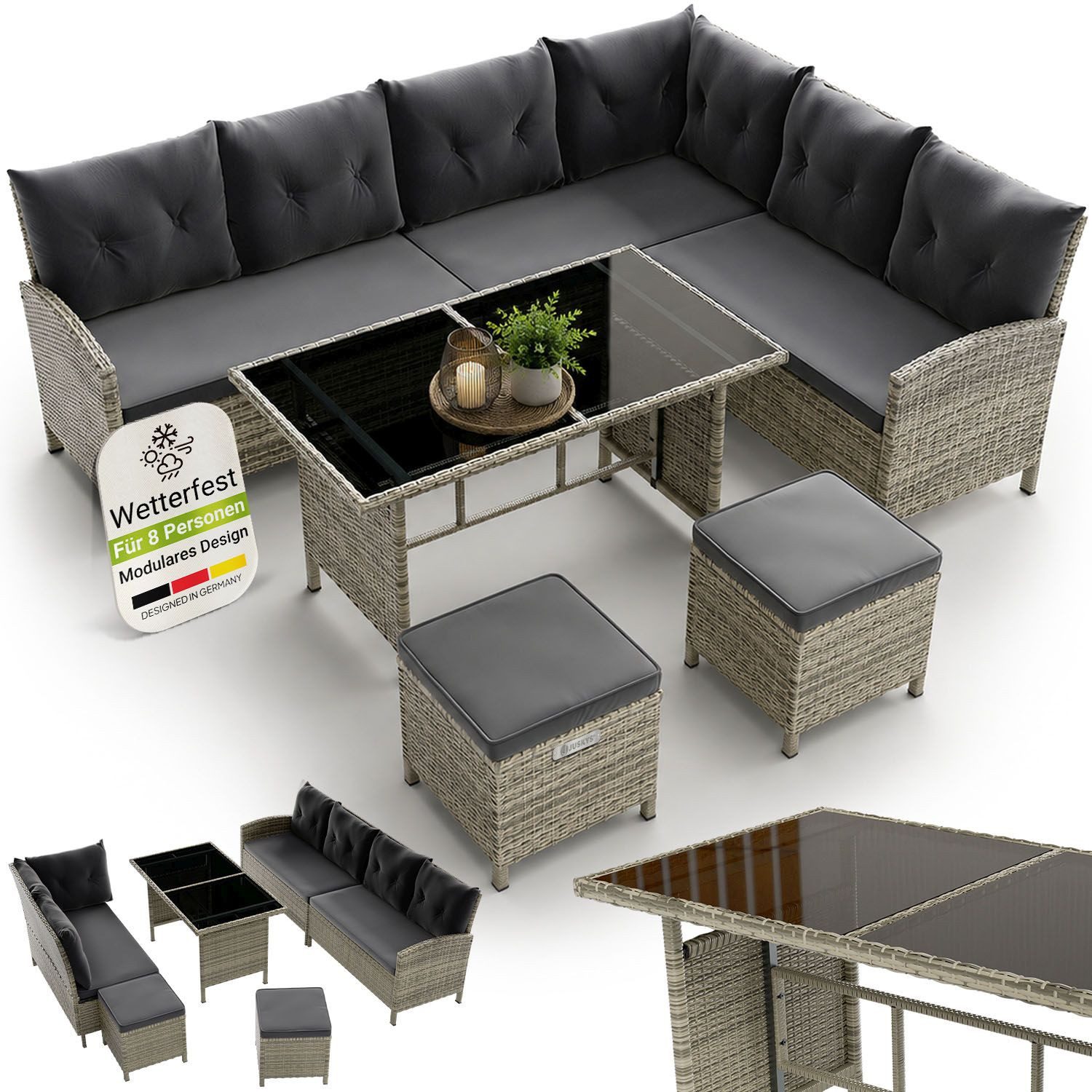 Juskys Gartenlounge-Set Manacor, (Gartenlounge), Polyrattan Gartenmöbel-Set mit Garten-Sofa, Garten-Tisch und 2 Hocker