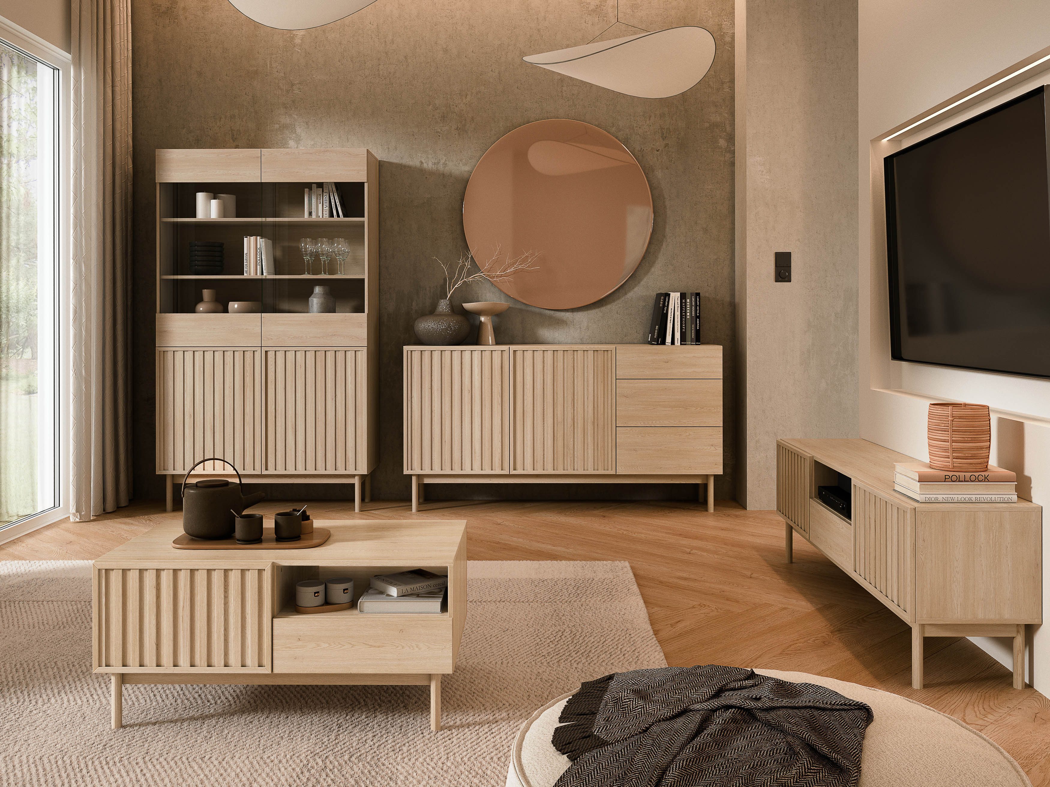 Beautysofa Kommode SAPPORO im Japandi-Stil (Push-to-Open-Funktion, mit 3 Schubladen und 2 Tür), Lamellenfront