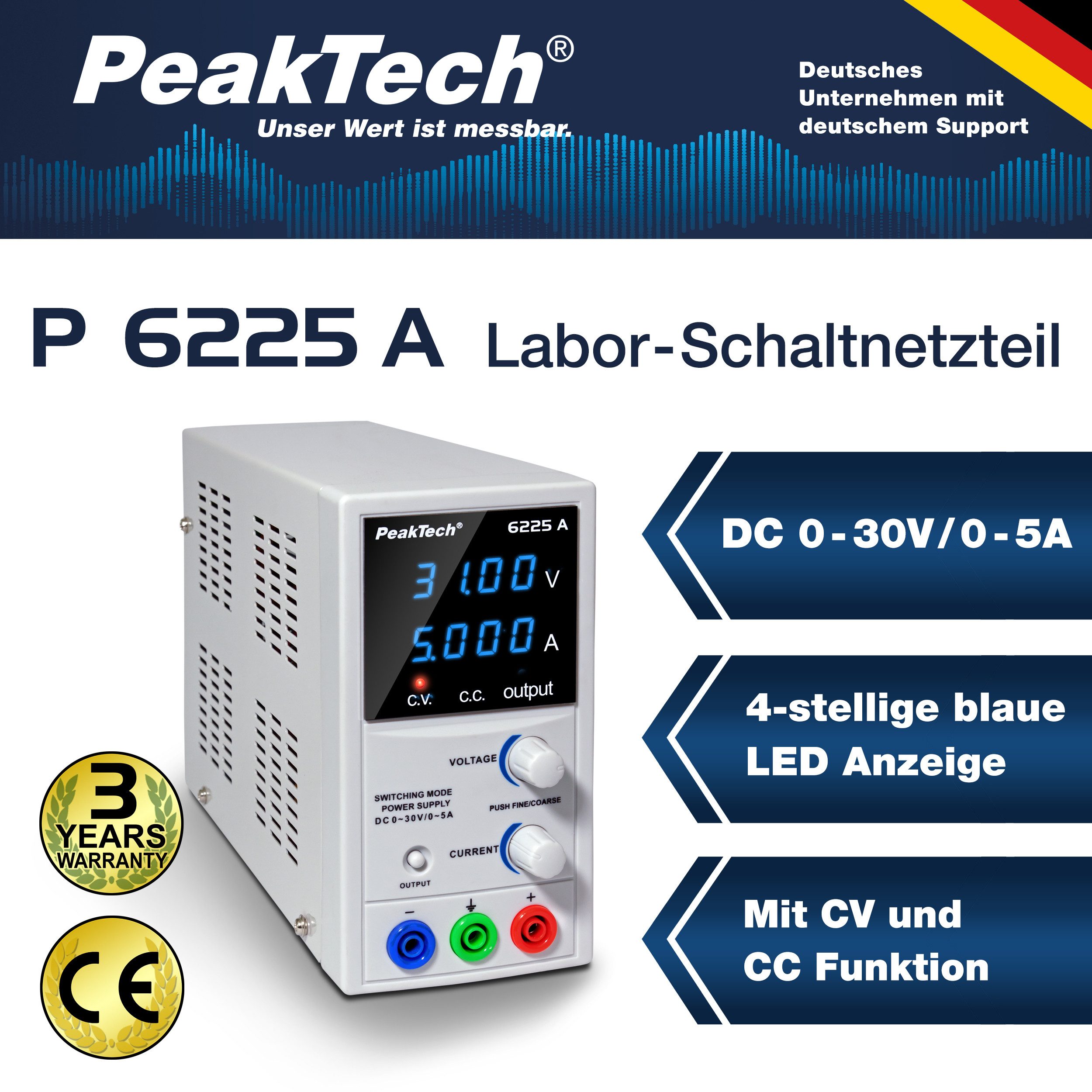 PeakTech 30 V 5 A DC Labornetzteil 0–30 V/0–5 A DC, regelbar Labor-Netzteil