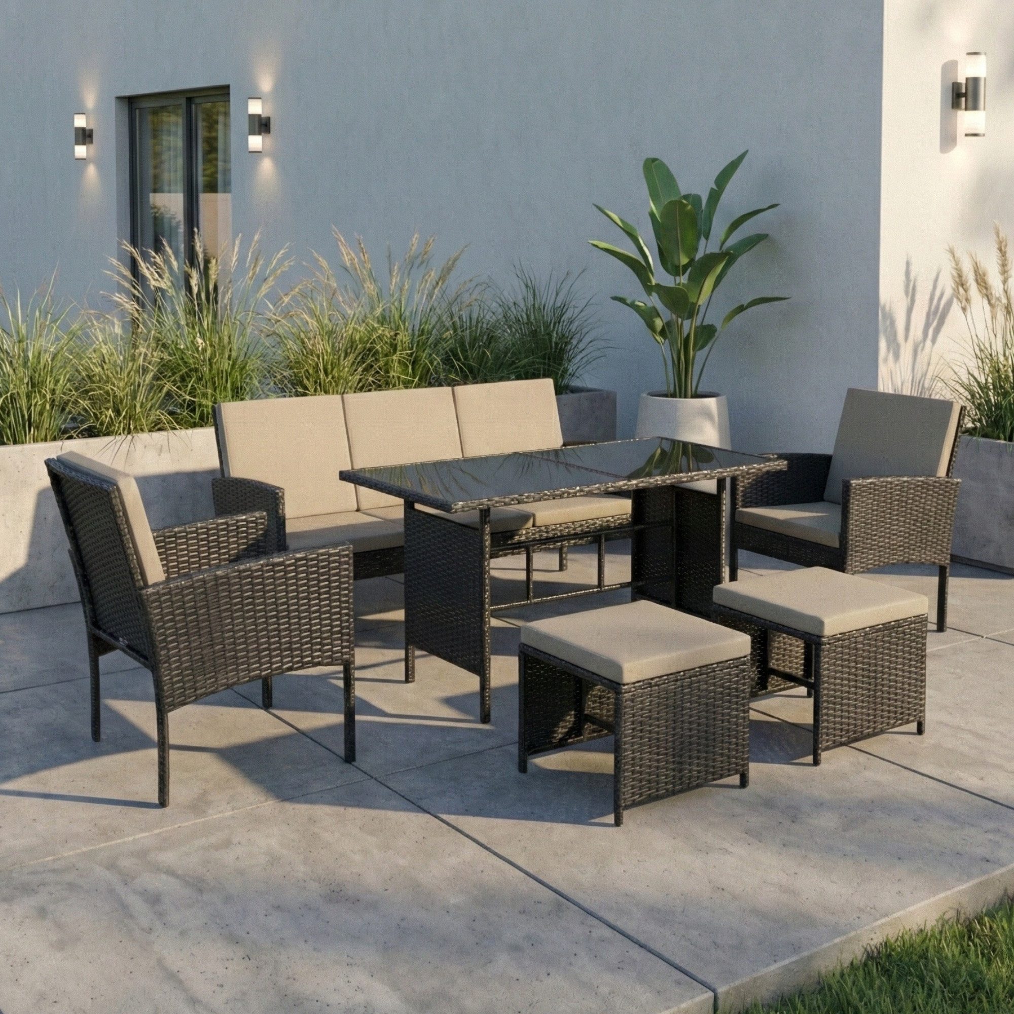 Home Collective Gartenlounge-Set Gartenmöbel Set 7-Sitzer Outdoor Sitzgruppe Möbel Lounge Polyrattan, (inkl. Esstisch mit gehärteter Glasplatte), 3-Sitzer Sofa, 2 Stühle, 2 Hocker Polyrattan Schwarz graue Kissen