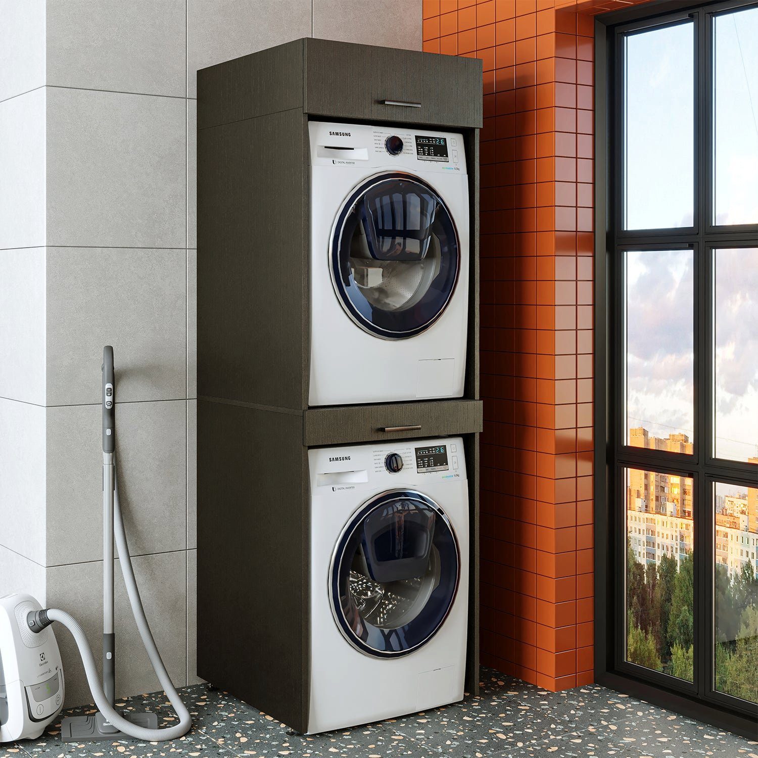 Roomart Waschmaschinenumbauschrank (Waschmaschinenschrank für Schwarz schwarz Waschmaschine und Überbauschrank) | Trockner