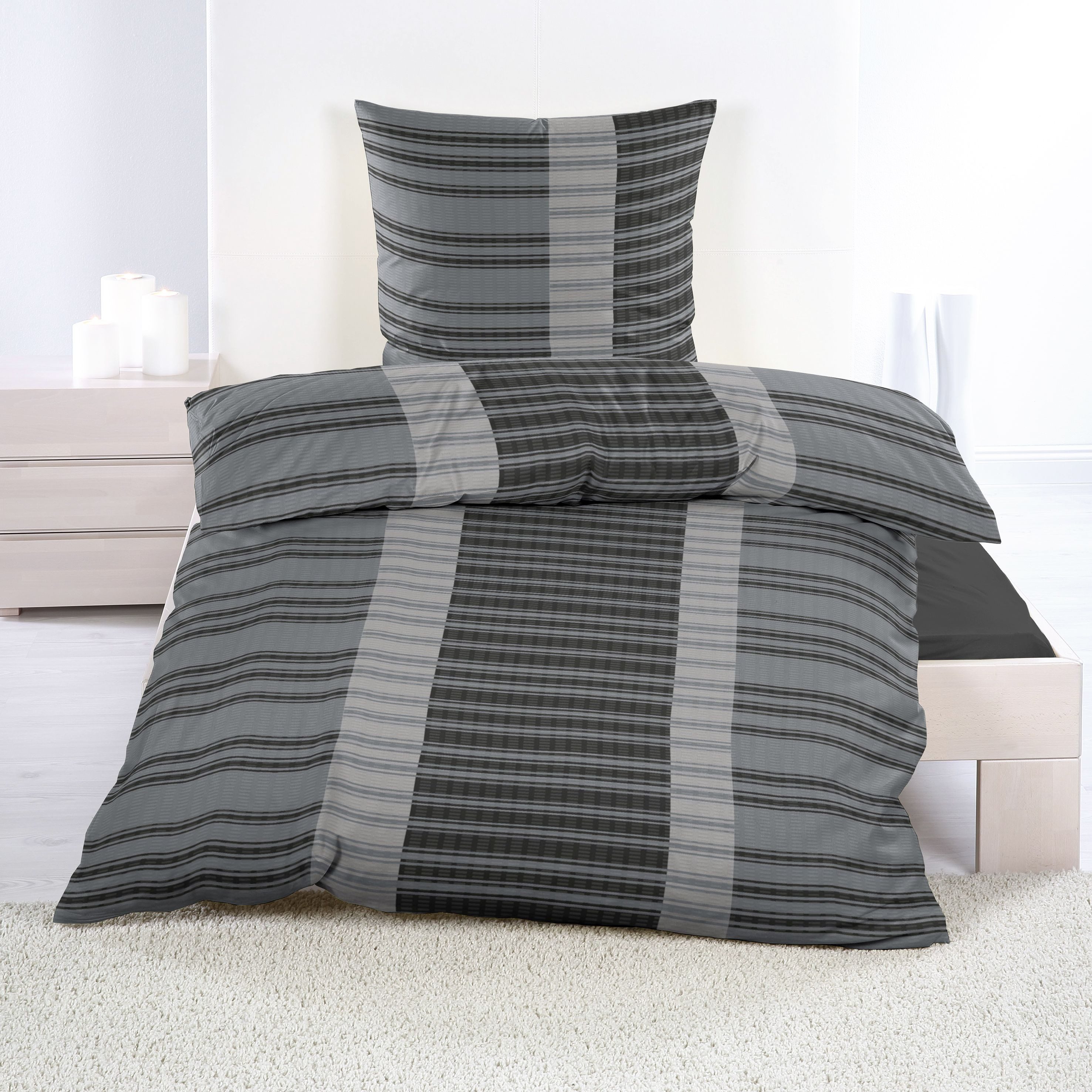 Casa Colori Bettwäsche Seersucker Garnitur 135x200 Reißverschluss Anthrazit Grau Gestreift, Seersucker, 2 teilig, leichte Bettgarnitur perfekt für den Sommer
