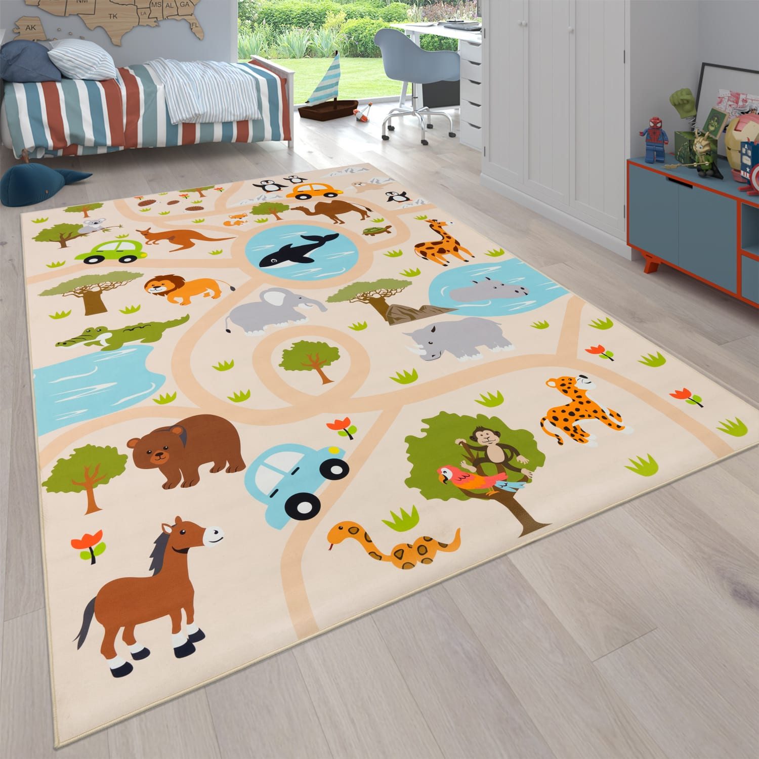 KADIMA DESIGN Kinderteppich waschmaschinenwaschbar Safari‑Straßen‑Muster Kinderteppich, Läufer, Höhe: 4 mm, 100% Polyester, Rücken aus Felt + Dots, 80x150cm, Mehrfarbig