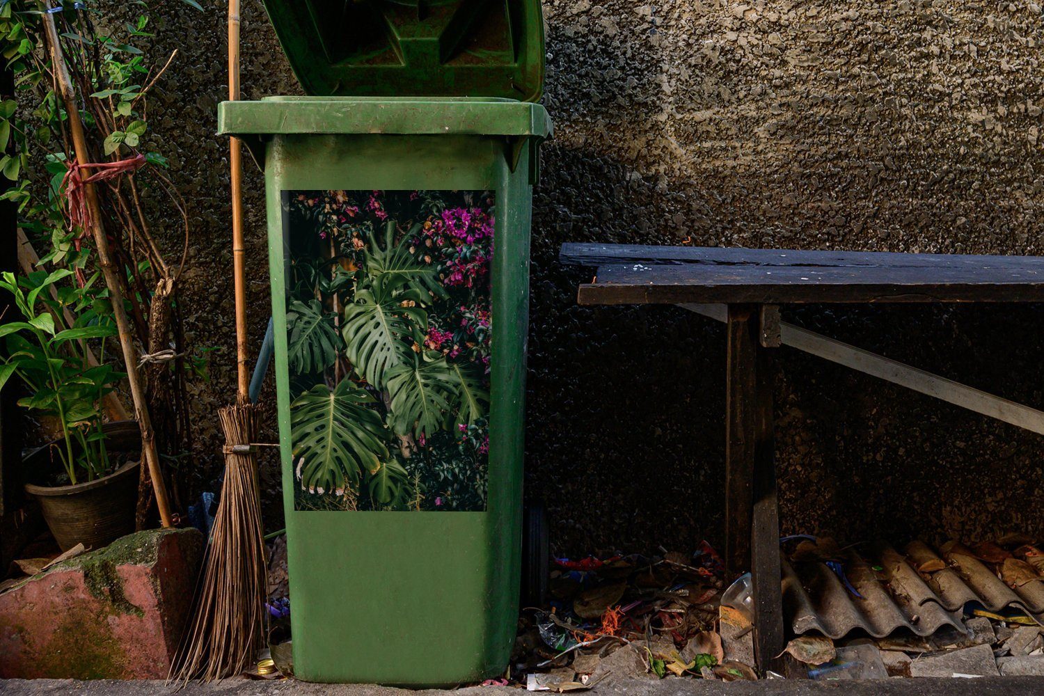 Mülltonne, Wandsticker Mülleimer-aufkleber, Monstera MuchoWow (1 Container, Sticker, Hintergrund (Lochpflanze) Abfalbehälter St),