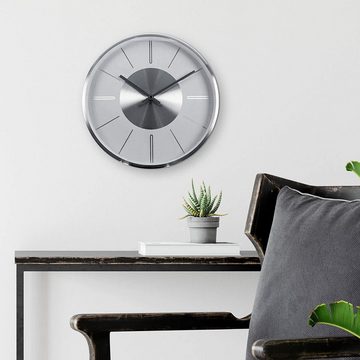 K&L Wall Art Wanduhr lautlose moderne Aluminium Wanduhr 30cm Durchmesser Uhr ohne Ticken (Silber Optik, Quarz Uhrwerk, Wohnzimmer, Schlafzimmer, Büro, Küche)