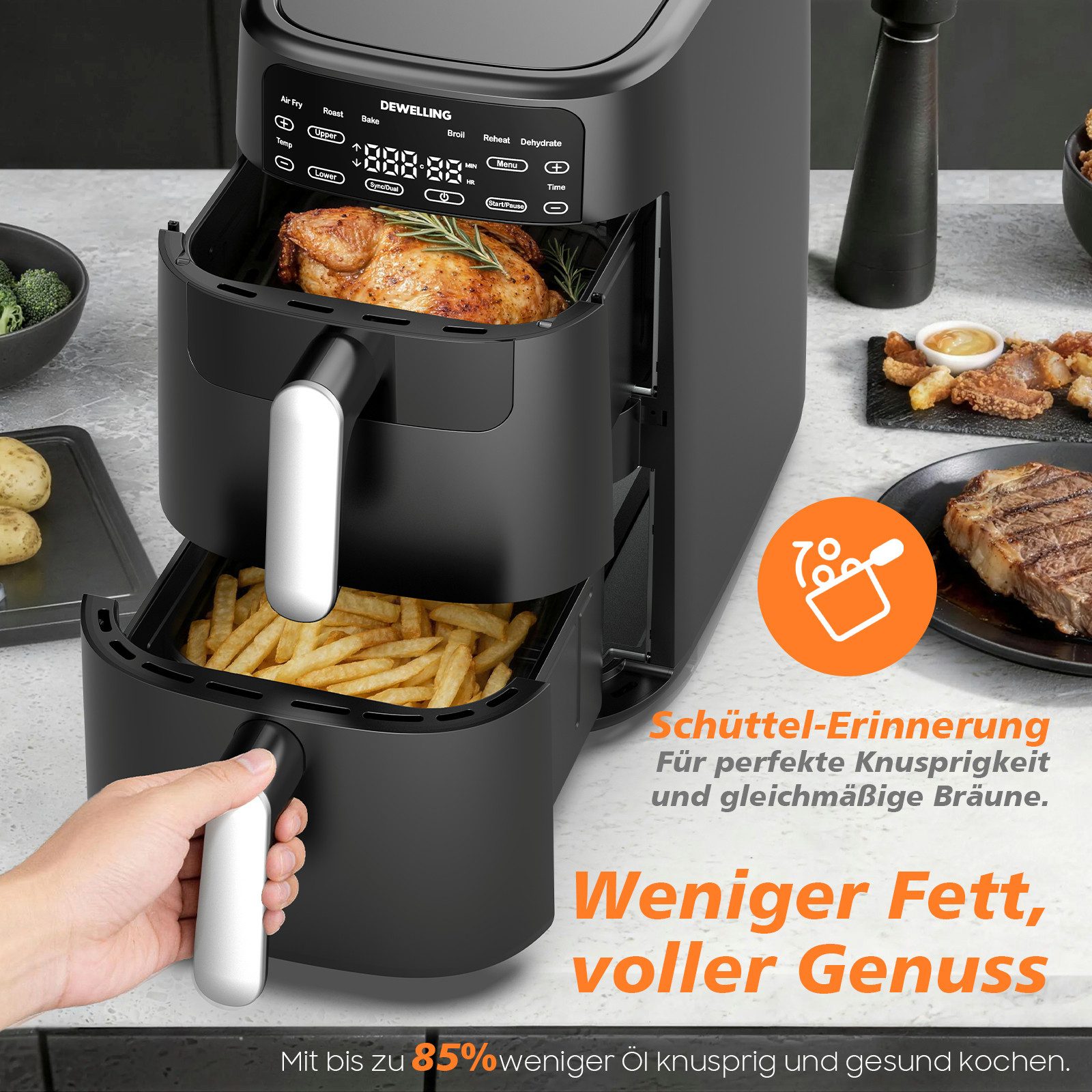 AIMAX Heißluftfritteuse 10L Dual-Korb Air Fryer mit Digitaldisplay, fettarmes Frittieren für Familien, 2700 W, 6 programme & Knusprige Ergebnisse mit wenig Öl, 360° Luftzirkulation