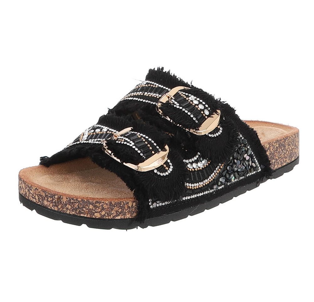 Ital-Design Damen Pantolette mit Schnallen und Komfortfußbett Pantolette (91742254) Flach Pantoletten in Schwarz