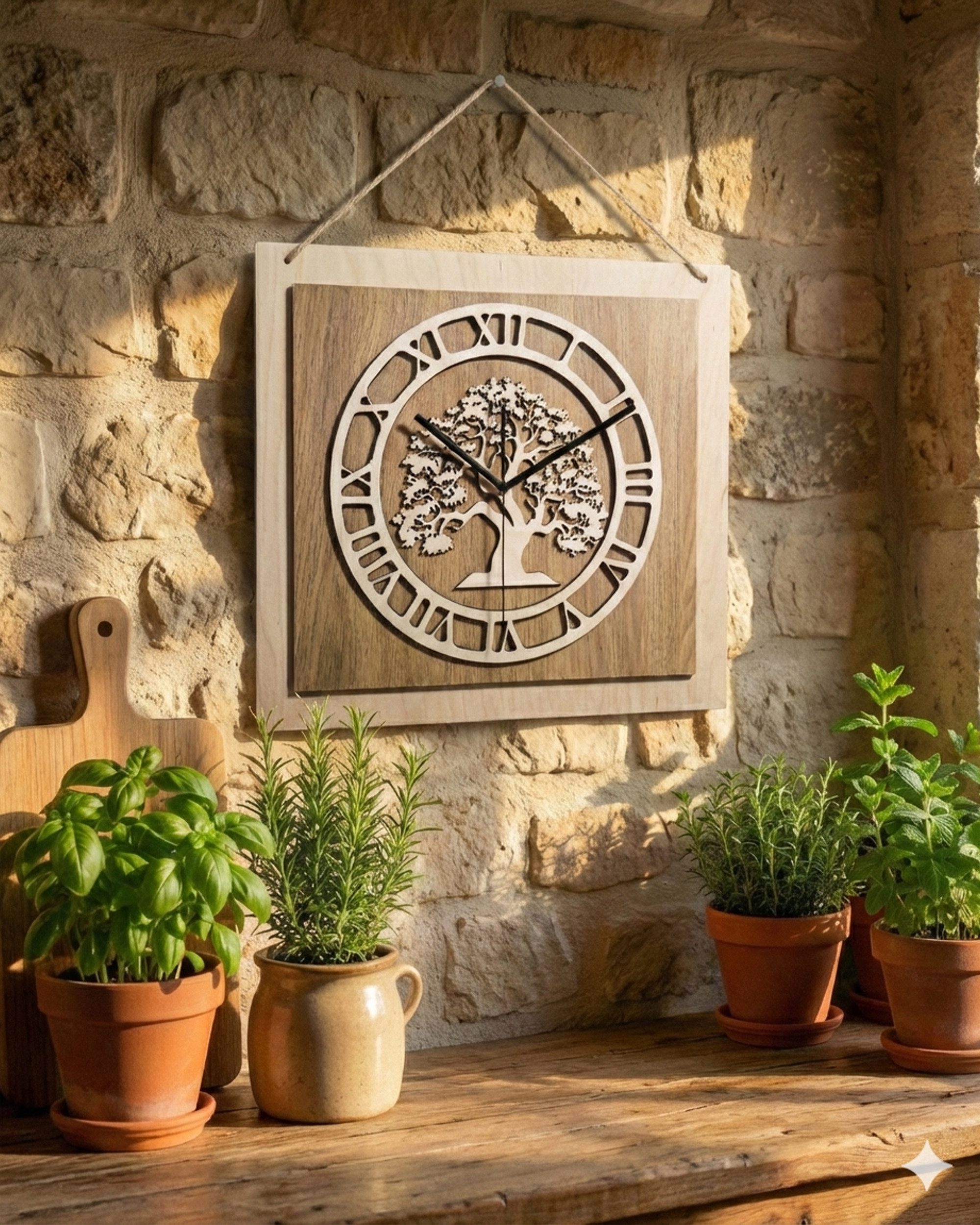 ORNAMENTI Wanduhr Große handgefertigte aus Holz, Berge,Baum des Lebens,Weltkarte, Hirsch (quadratisch, ohne Tickgeräusche für Wohnzimmer Küche)