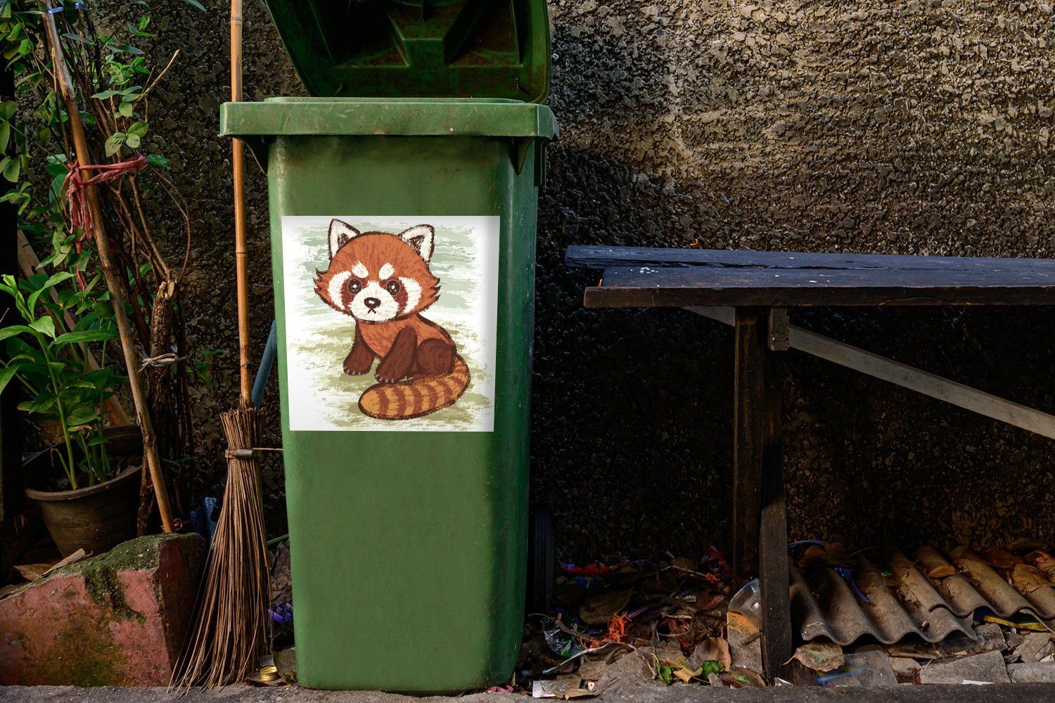 MuchoWow Illustration Mülleimer-aufkleber, Wandsticker (1 St), Eine grünen Container, Sticker, Mülltonne, einem Abfalbehälter Hintergrund Pandas kleinen eines vor