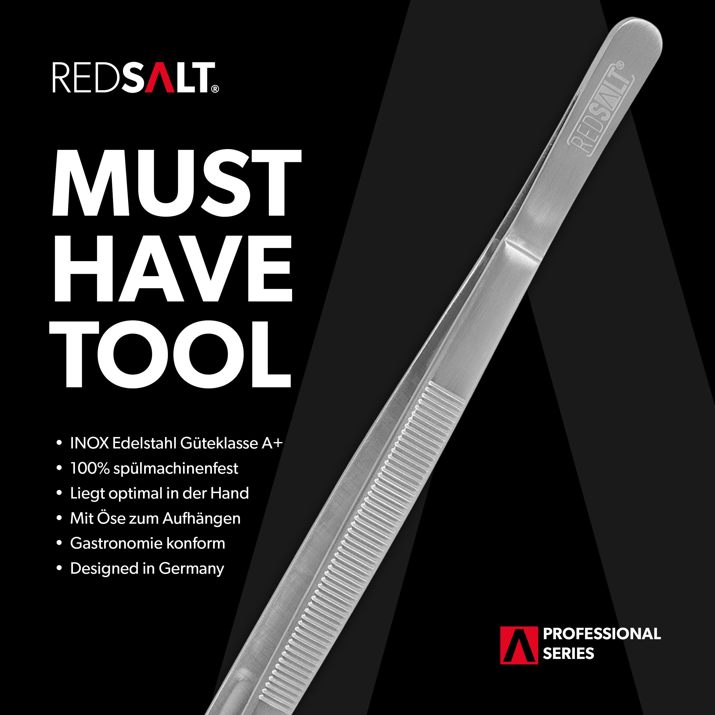REDSALT® Kochpinzette Premium Küchenpinzette 30cm lang mit breiter Spitze spülmaschinenfest, Rostfreier Edelstahl in INOX 18/10 Qualität