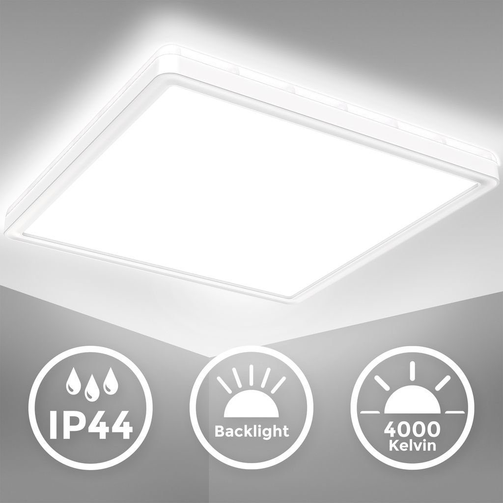 B.K.Licht - LED Badezimmer 18W LED integriert, eckig weiß Backlight Panel Wohnzimmer IP44 Büro Deckenleuchte 2400lm ultra-flach 230V Küche Deckenlampe 4000K mit fest BKL1559, Neutralweiß, 29x29cm