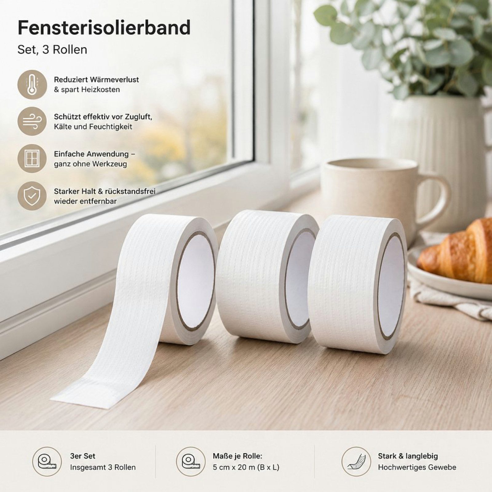 Haushalt International Isolierband Fensterisolierband Fensterdichtung Gewebeband 3x20m 3er Set (Set, 3-St., Packung) je Rolle 5cm x 20m, Zuschneidbar, Abdichten, Vorratspaket