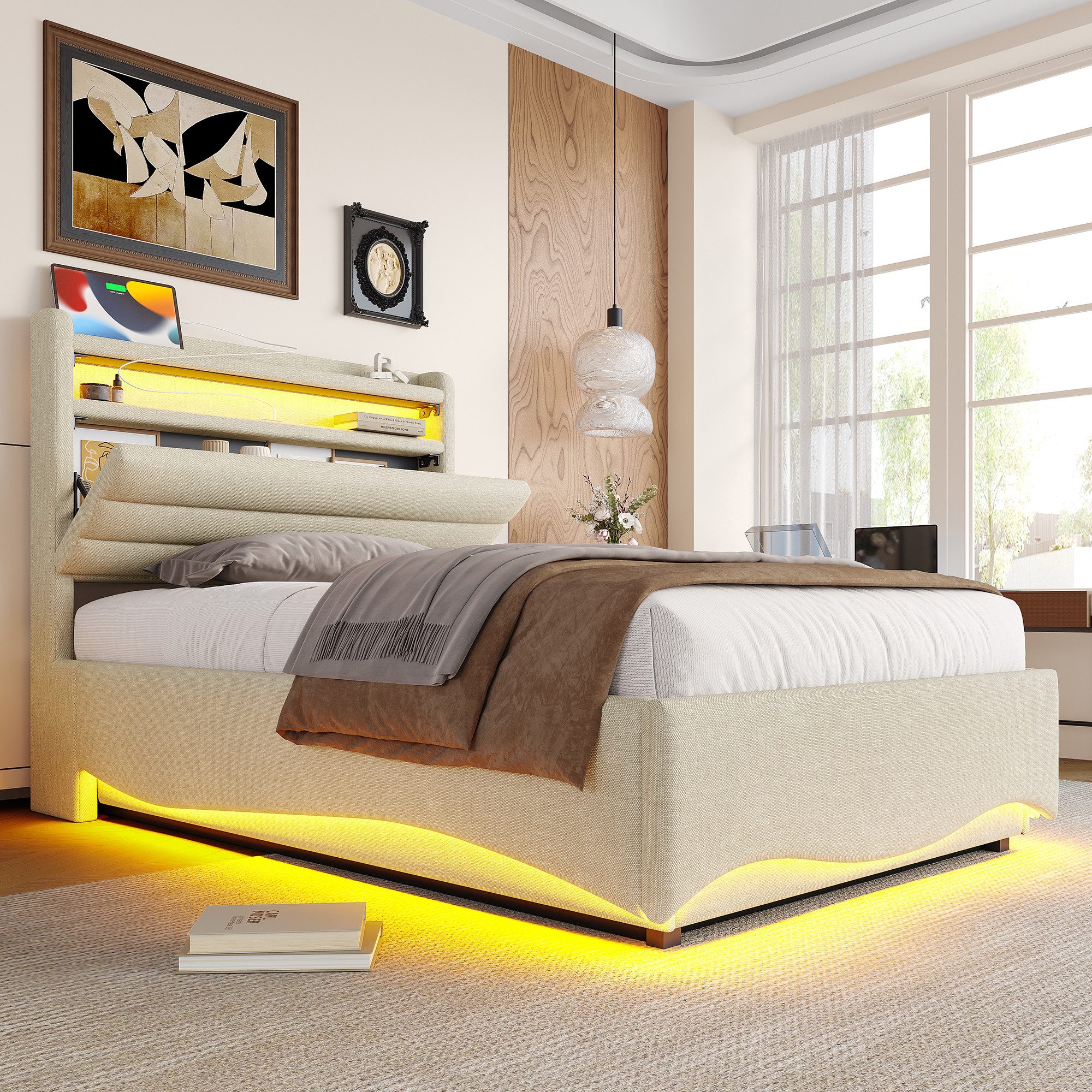TavilaEcon Boxspringbett Polsterbett mit LED-Beleuchtung und Hydraulikmechanismus (1-St), 90x200cm, mit Ablagefach, USB-/Typ-C-Anschluss, Beige