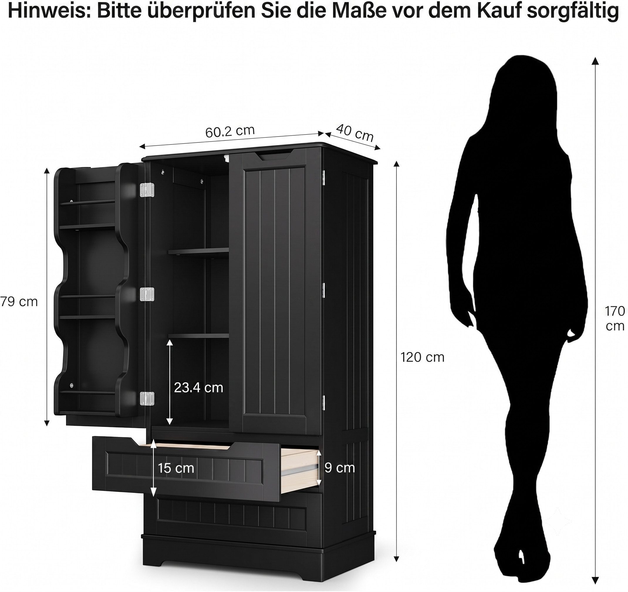 Blishom Sideboard Vorratsschrank Küchenschrank mit 2 Schubladen 2 Türen 60x40x120 cm, Esszimmer Buffetschrank Küchen-Vorratsschrank mit Kühlschranktür