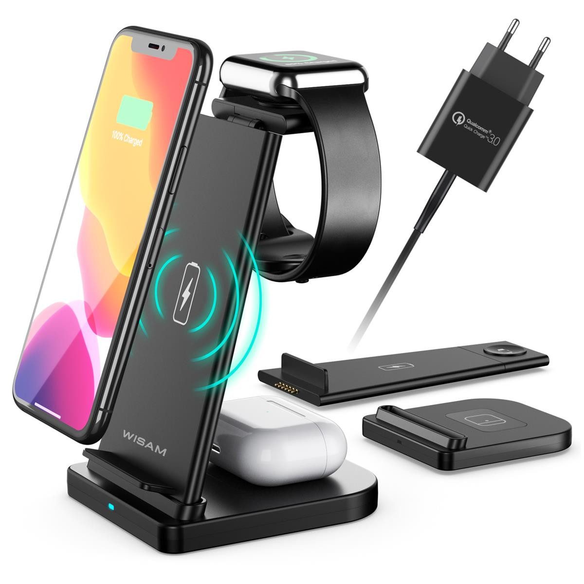 Wisam Smartphone-Dockingstation Wisam® 3 in 1 Multifunktion 15W QI Ladestation für Airpods Pro Apple, Steckverbindung