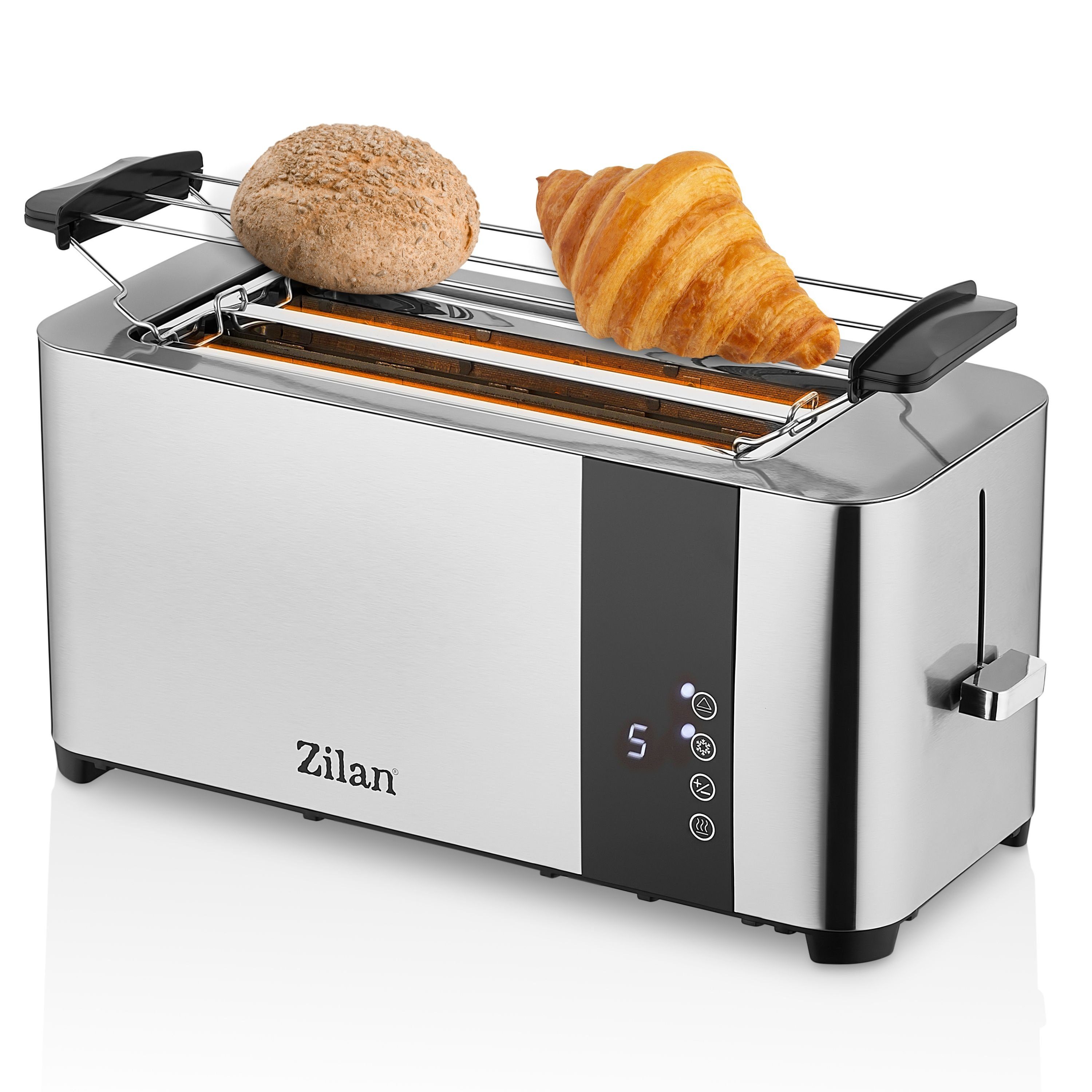 Zilan Toaster ZLN-6234, 2 lange Schlitze, für 4 Scheiben, 1400 W, Edelstahl Gehäuse, mit Brötchenaufsatz, mit Krümelschublade