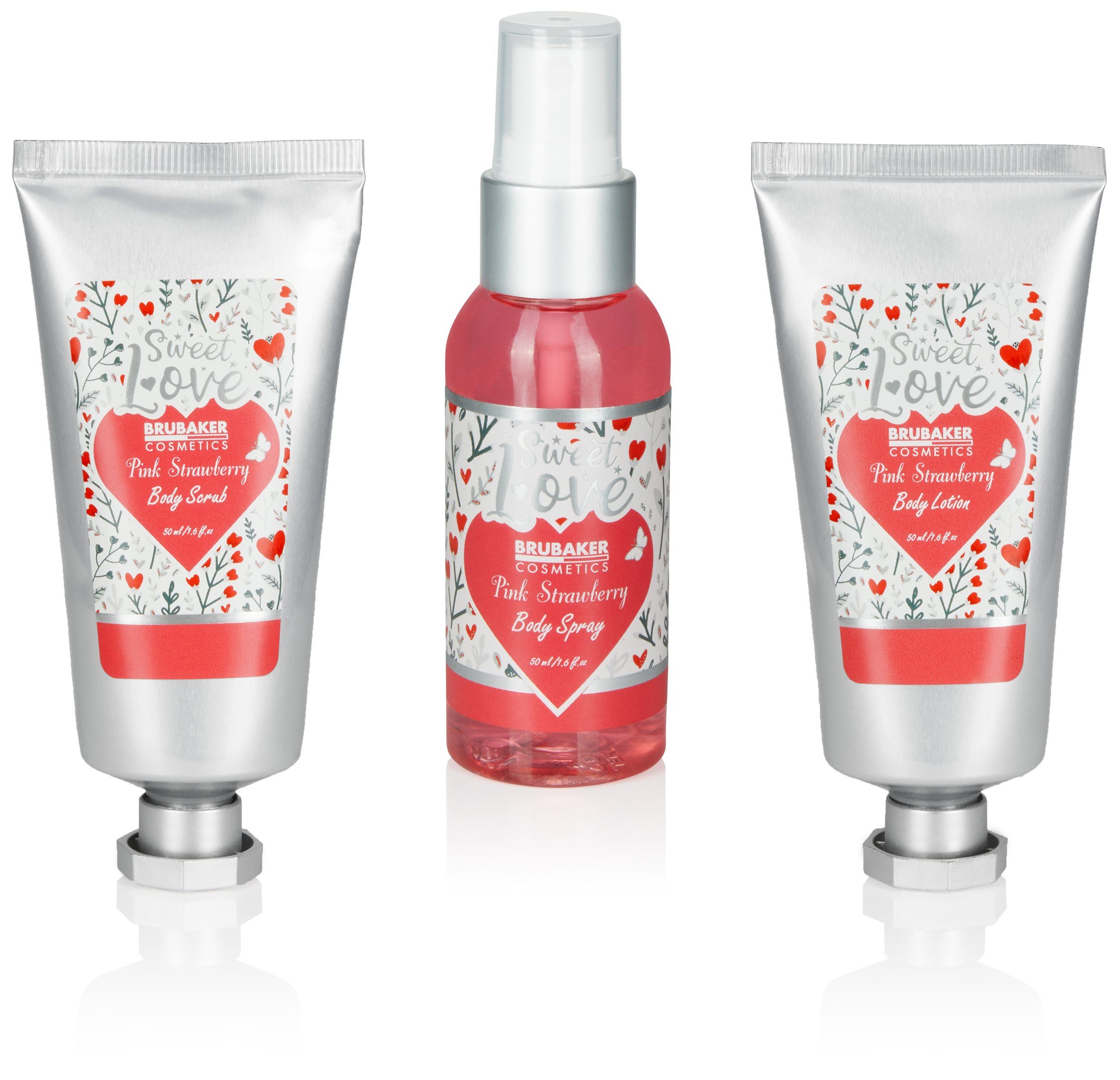 BRUBAKER Pflege-Geschenkset Dusch- und Badeset "Sweet Love", Beauty Wellness Set für Frauen, 8-tlg., Damen Geschenkset im Blumen Design, Herz Pflegeset mit Erdbeeren Duft