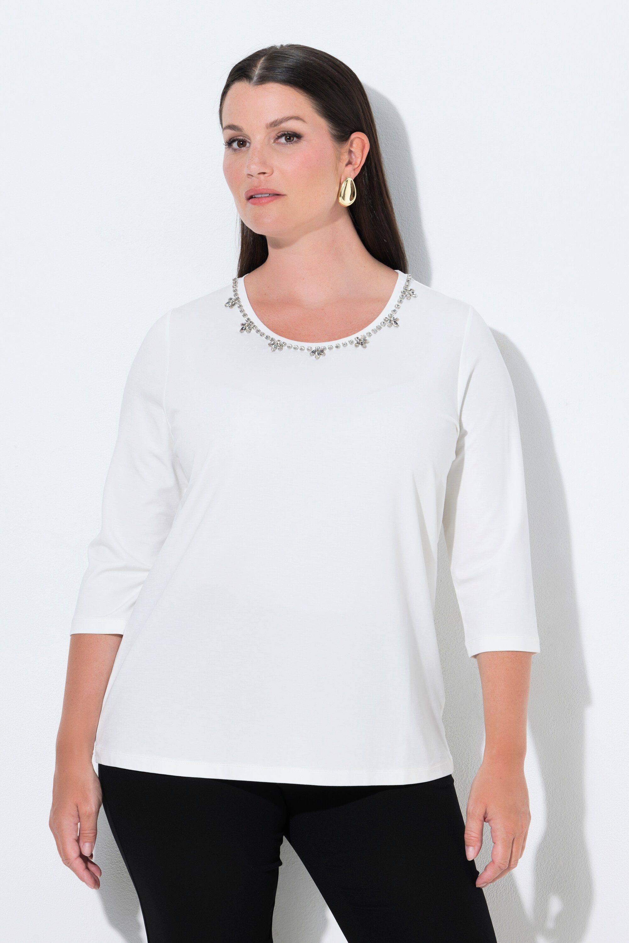 Ulla Popken T-Shirt Punto-Shirt Ziersteine Classic Rundhals 3/4-Arm