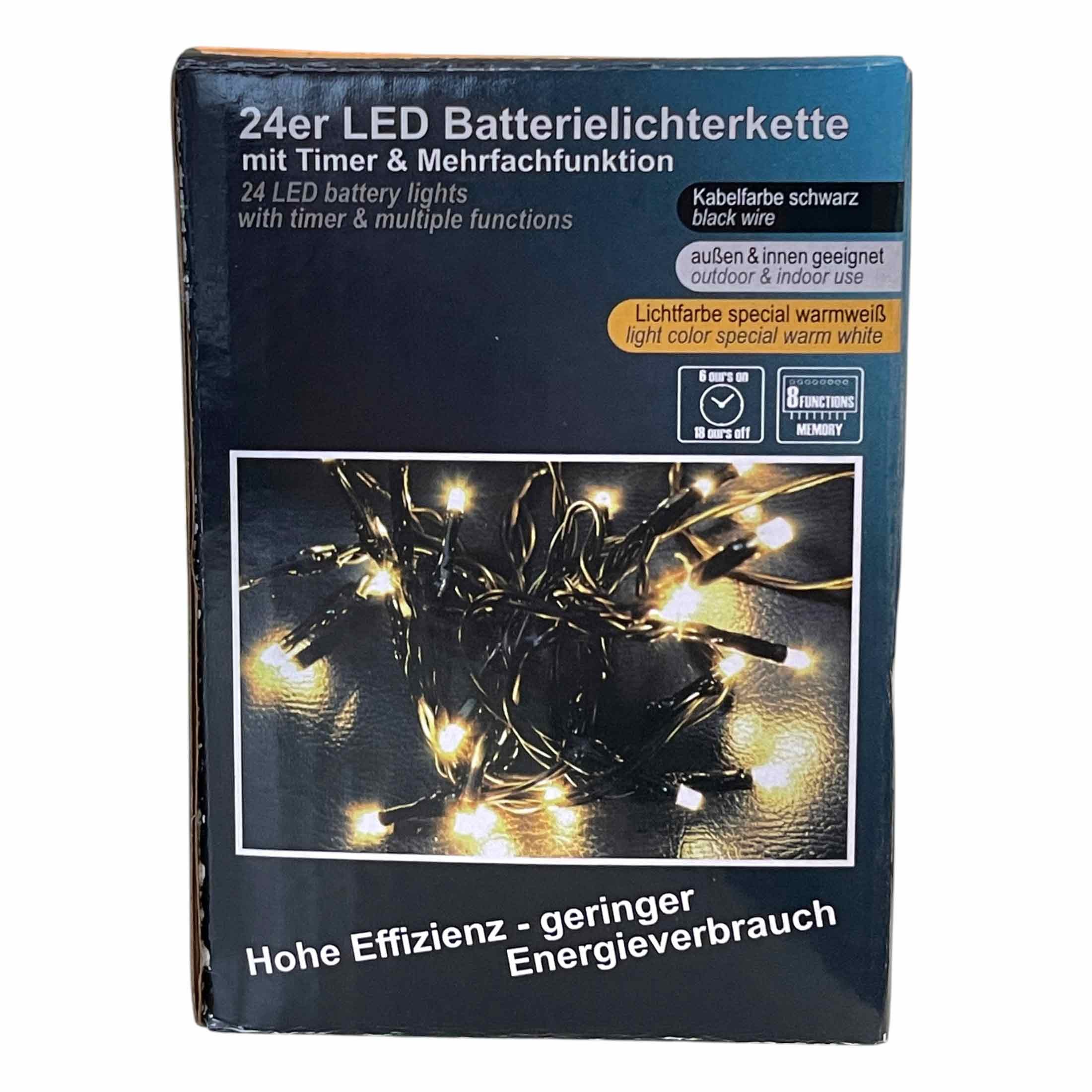 Linder Exclusiv GmbH LED-Lichterkette, Batterie 24 LED Kabel schwarz special warmweiß 1,7m 8 Modi Timer