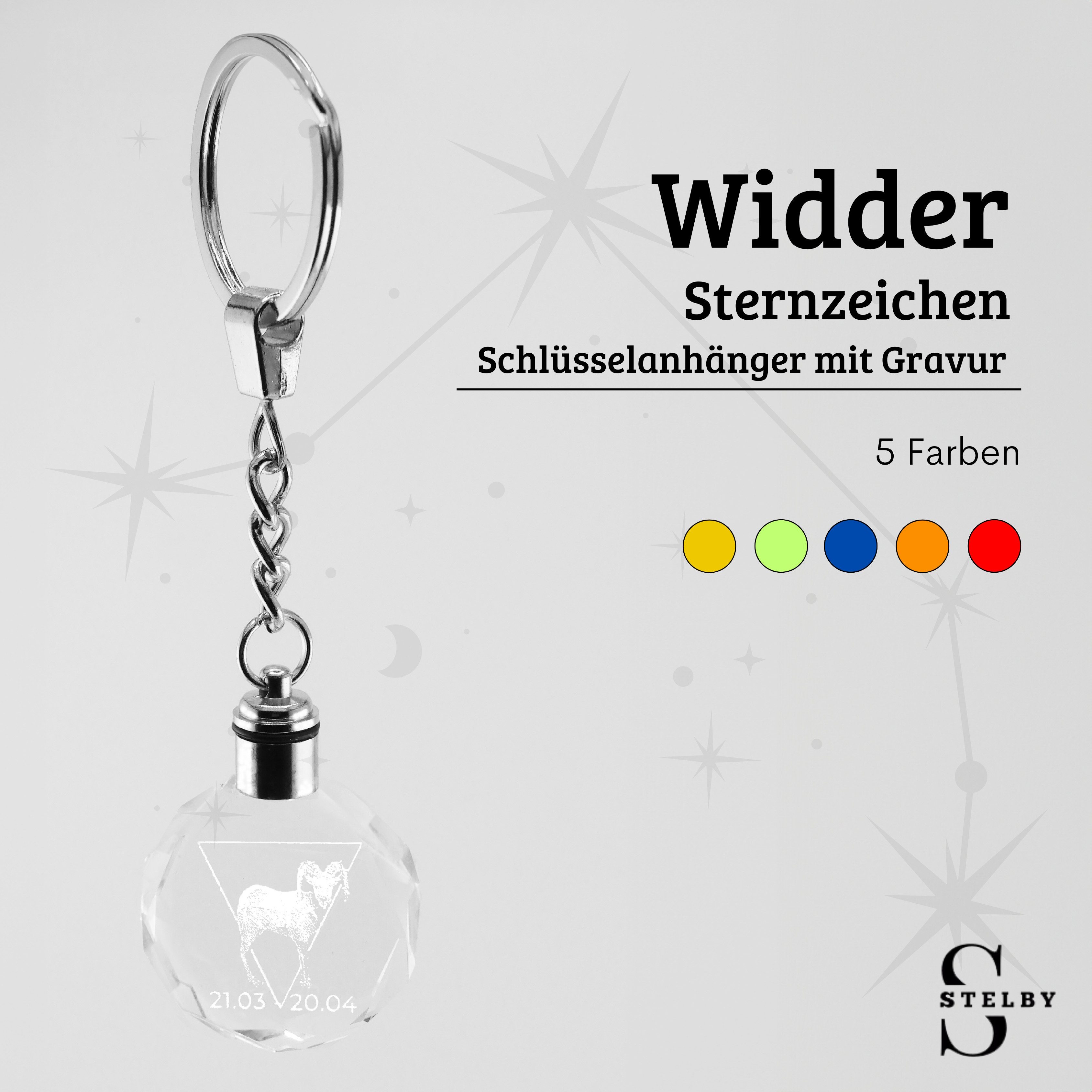 Stelby Schlüsselanhänger Widder Sternzeichen Schlüsselanhänger Multicolor mit Geschenkbox (Perfekt für Geburtstage und Weihnachten, Robustes Glasmaterial, leuchtet in 5 Farben), Farbwechsel, langlebig, modernes Design
