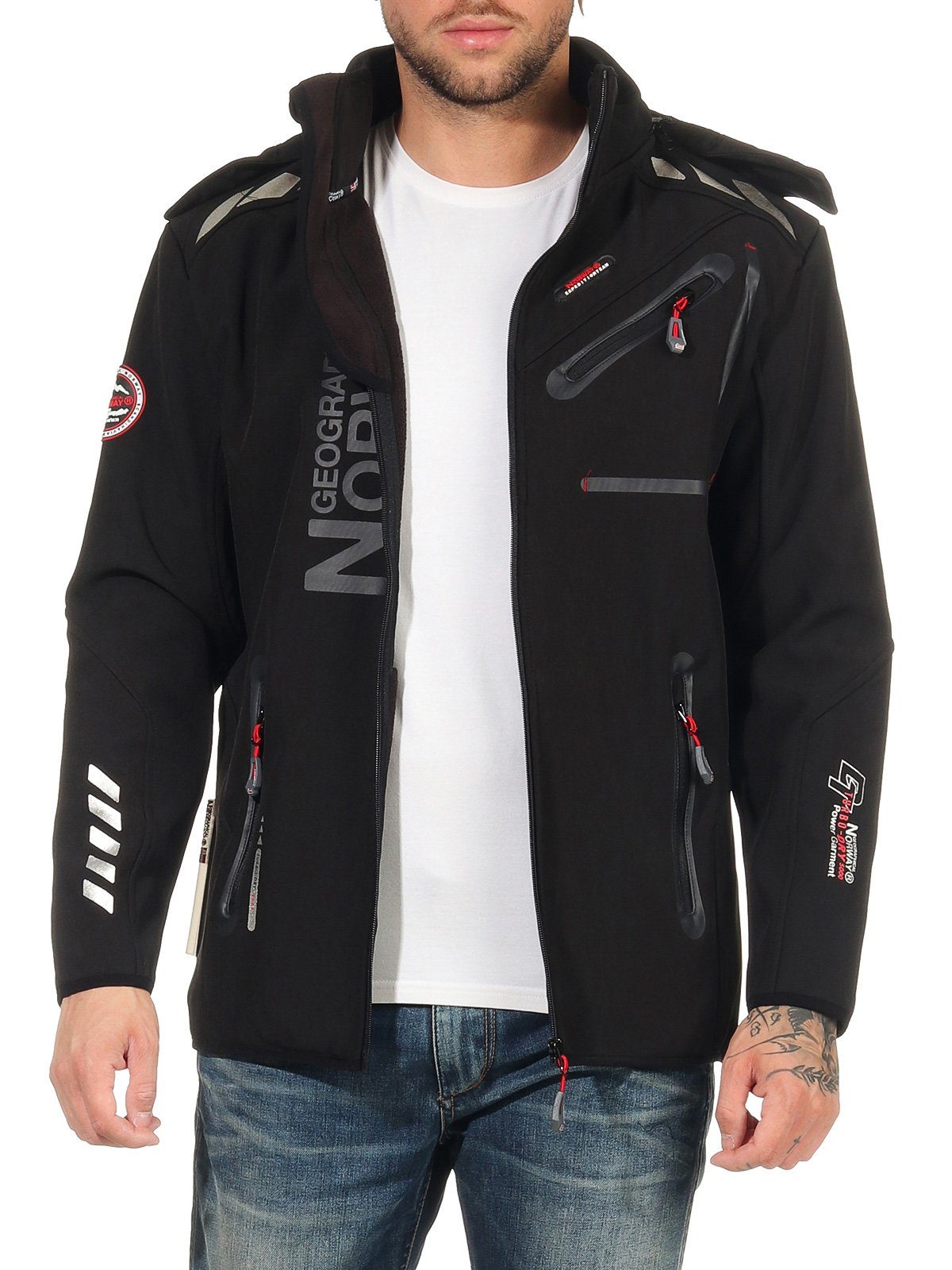 Geographical Norway Softshelljacke Herren Softshell Sport Outdoor Wander Trekking Jacke in Unifarbe, mit abnehmbarer Kapuze, mit Stehkragen