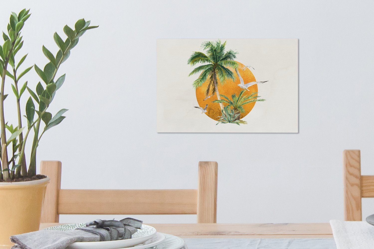 OneMillionCanvasses® Leinwandbild Sonne - Vogel, 30x20 St), Palme (1 Leinwandbilder, - Wandbild cm Wanddeko, Aufhängefertig