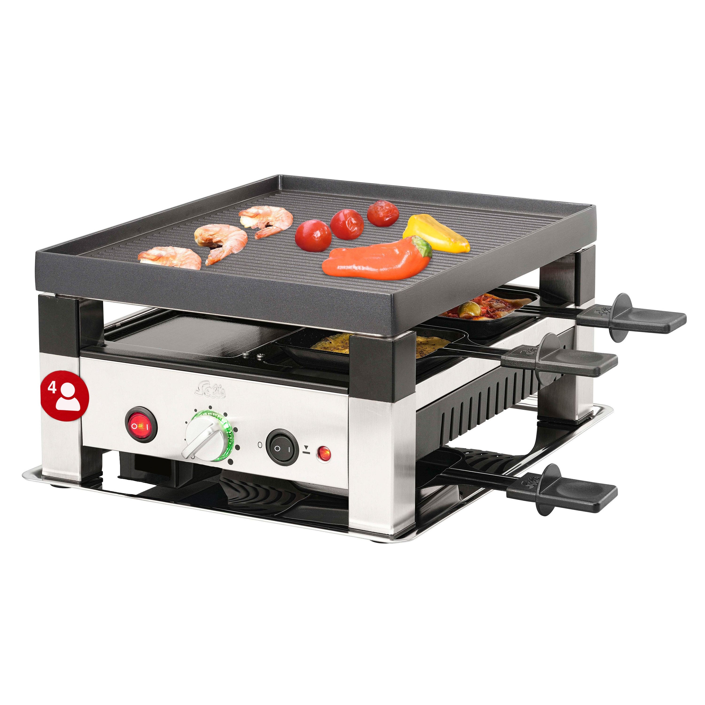 SOLIS OF SWITZERLAND Raclette Raclette & Pizza Grill for 4, Typ 7910, 4 Raclettepfännchen, 1020 W, Wendbare Grillplatte, zuschaltbare Unterhitze, Kaltzone