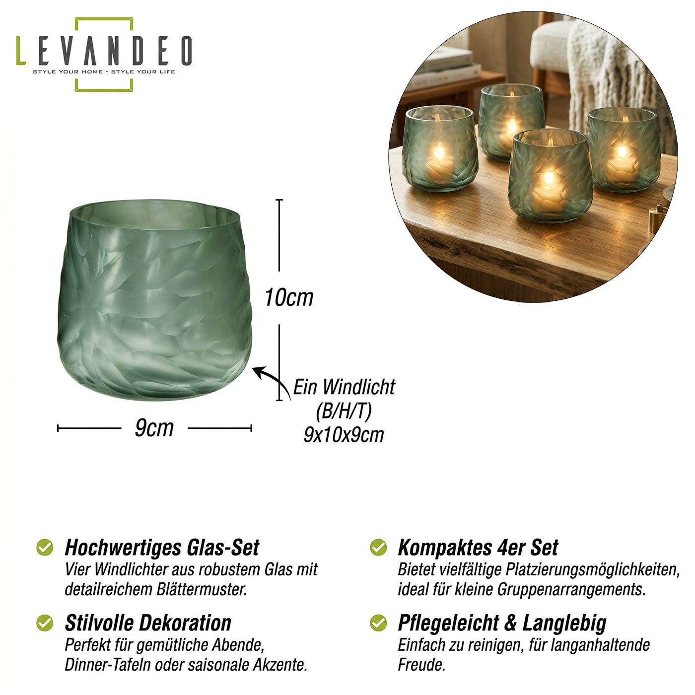 Levandeo® Windlicht 4er Set Glas Windlicht Grün Grau H10cm Teelichthalter Rauchgrau Tischd (4 St) – Bild 3 von 5