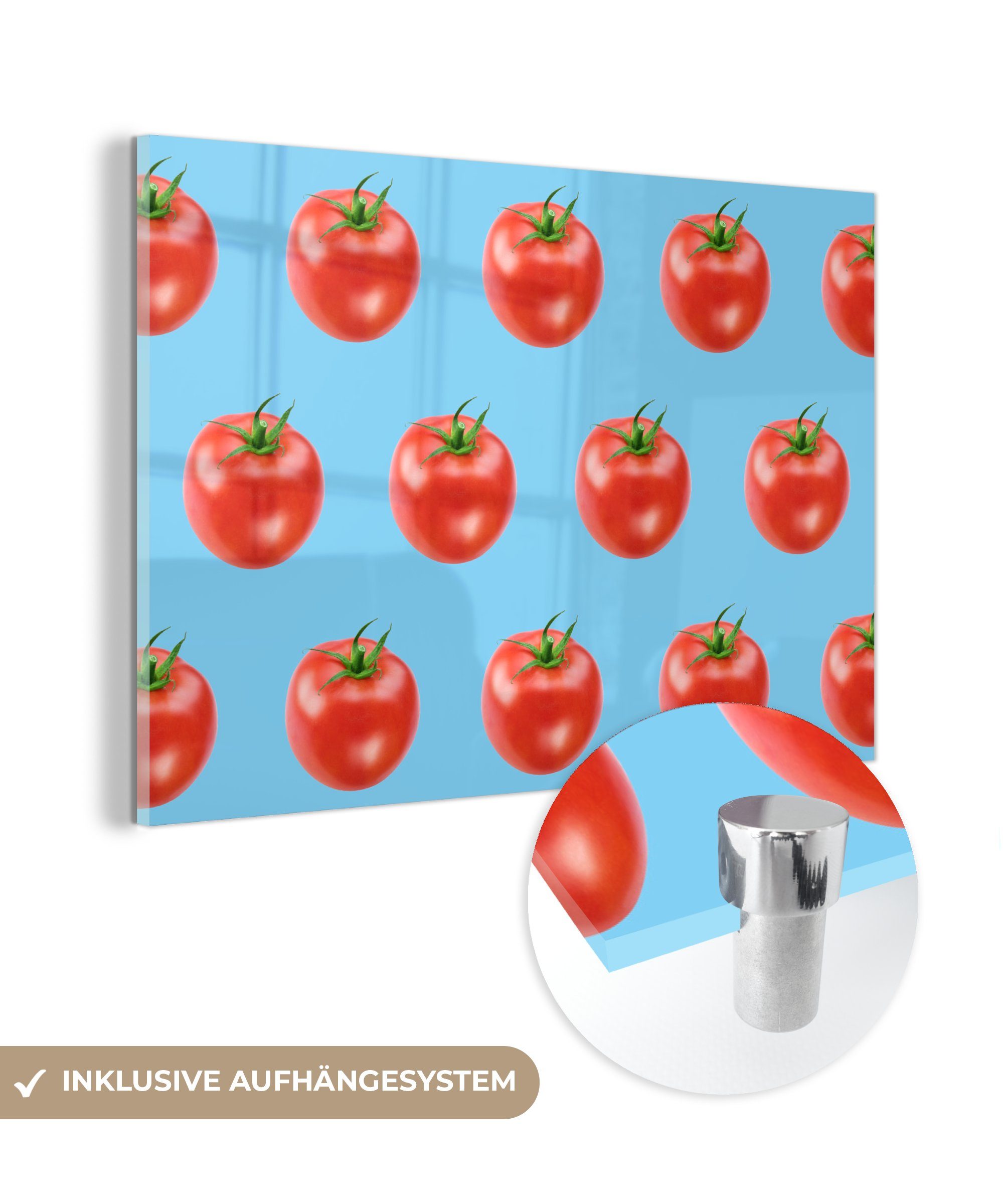 Acrylglasbild - MuchoWow - Wandbild Glasbilder - (1 Tomaten Bilder St), Glas Blau, Glas Foto auf - Gemüse auf Wanddekoration -