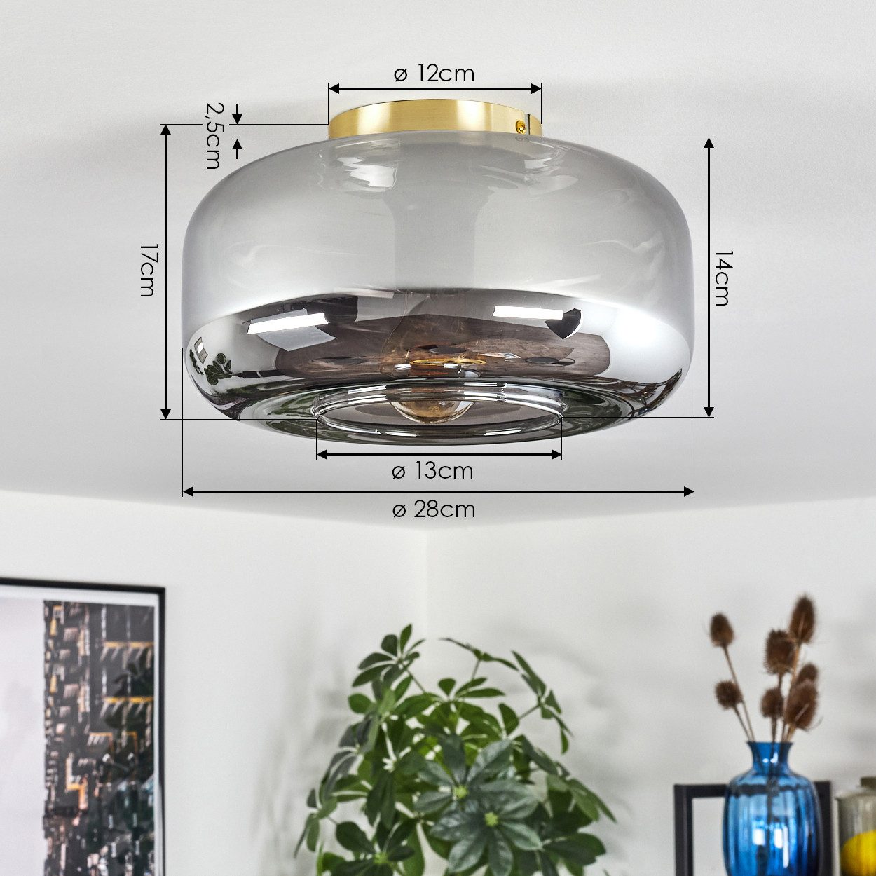 hofstein Deckenleuchte Deckenlampe aus Metall/Glas in Messing/Rauchfarben/Chromfarben, ohne Leuchtmittel, Vintage-Design mit Glasschirm (28 cm), 1 x E27, ohne L – Bild 4 von 5