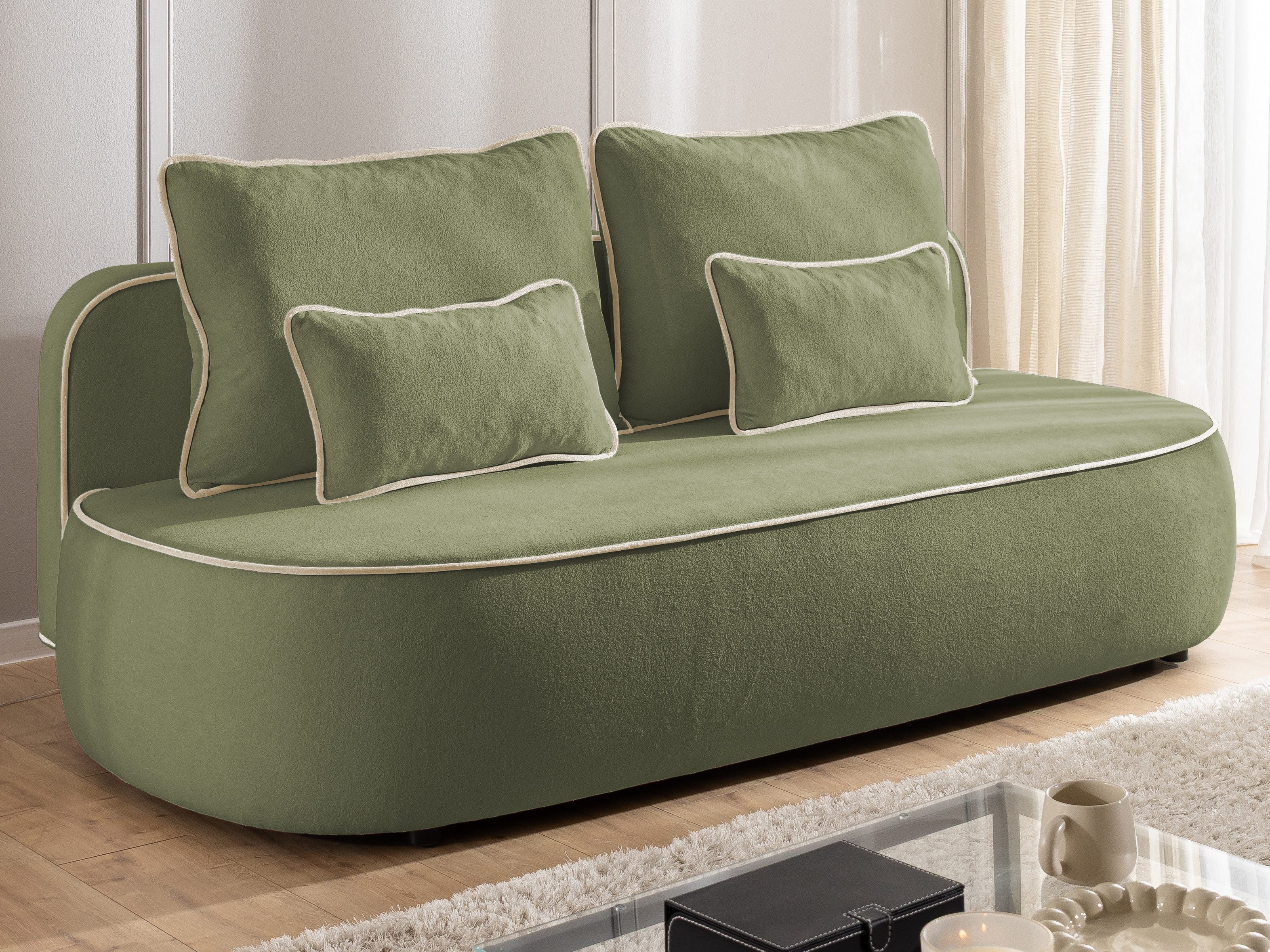 S-Style Möbel Schlafsofa Vero mit Bettkasten und Kontrastpaspel aus Plüschstoff, im modernen und abgerundeten Design