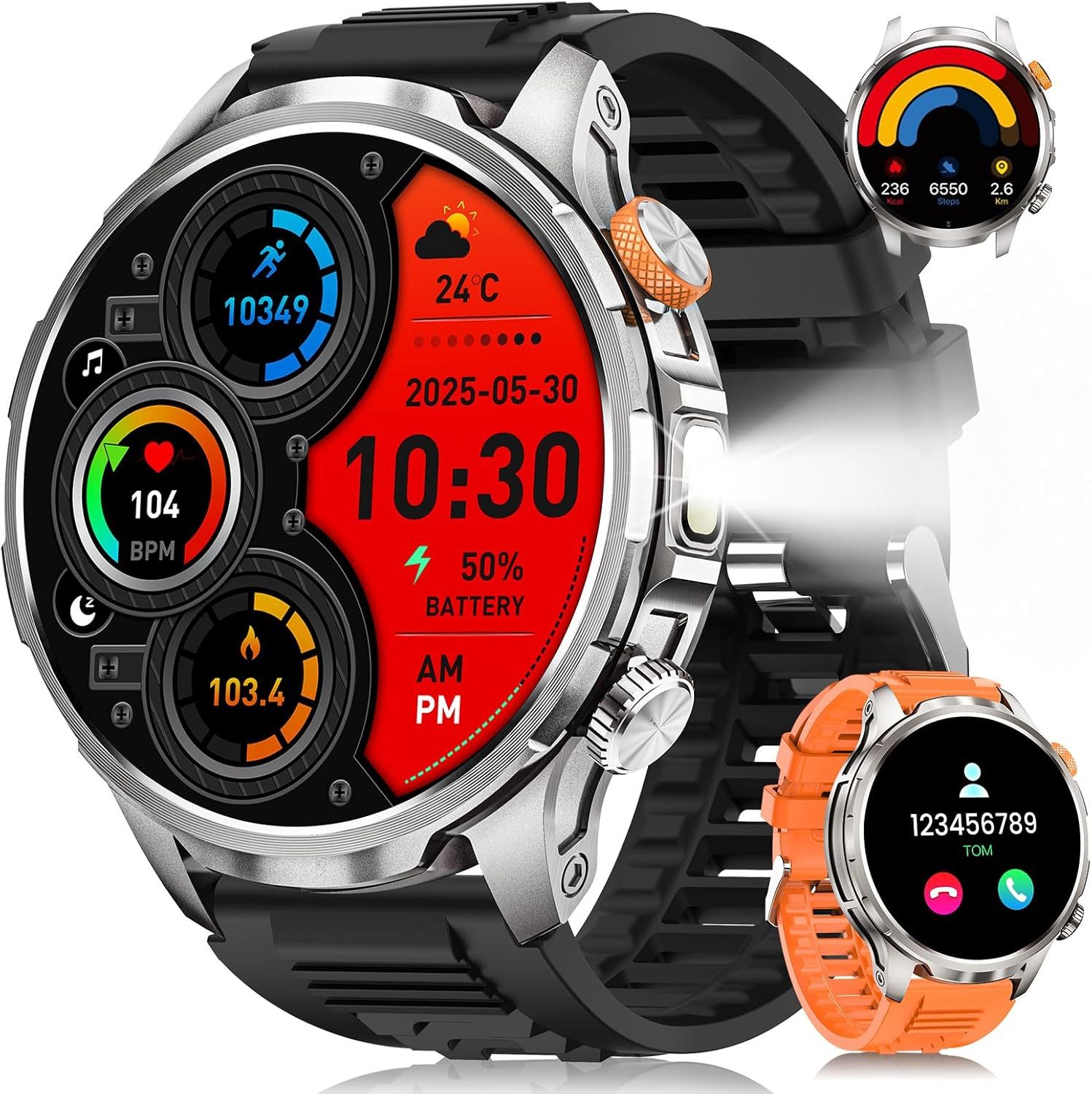 Zevelora Herren Militär, 1000mAH Akku Telefonfunktion, 5 ATM Wasserdicht Smartwatch (1,91 Zoll, Android/iOS), mit LED Taschenlampe 110+ Sportmodi/SpO2/Herzfrequenz/Schlafmonitor
