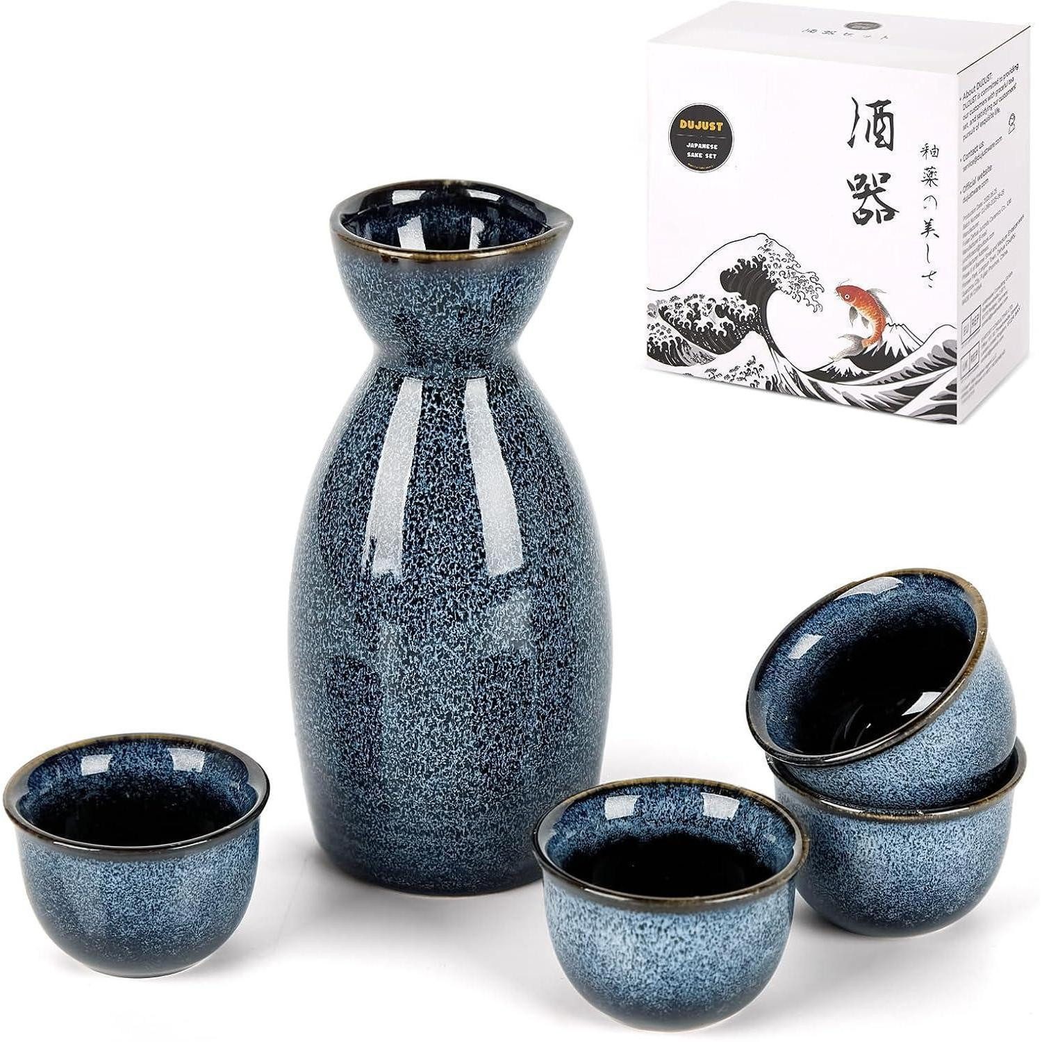 LuxusKollektion Teeservice Sake Set Porzellan 5teilig Karaffe Tassen Geschenkset Blau