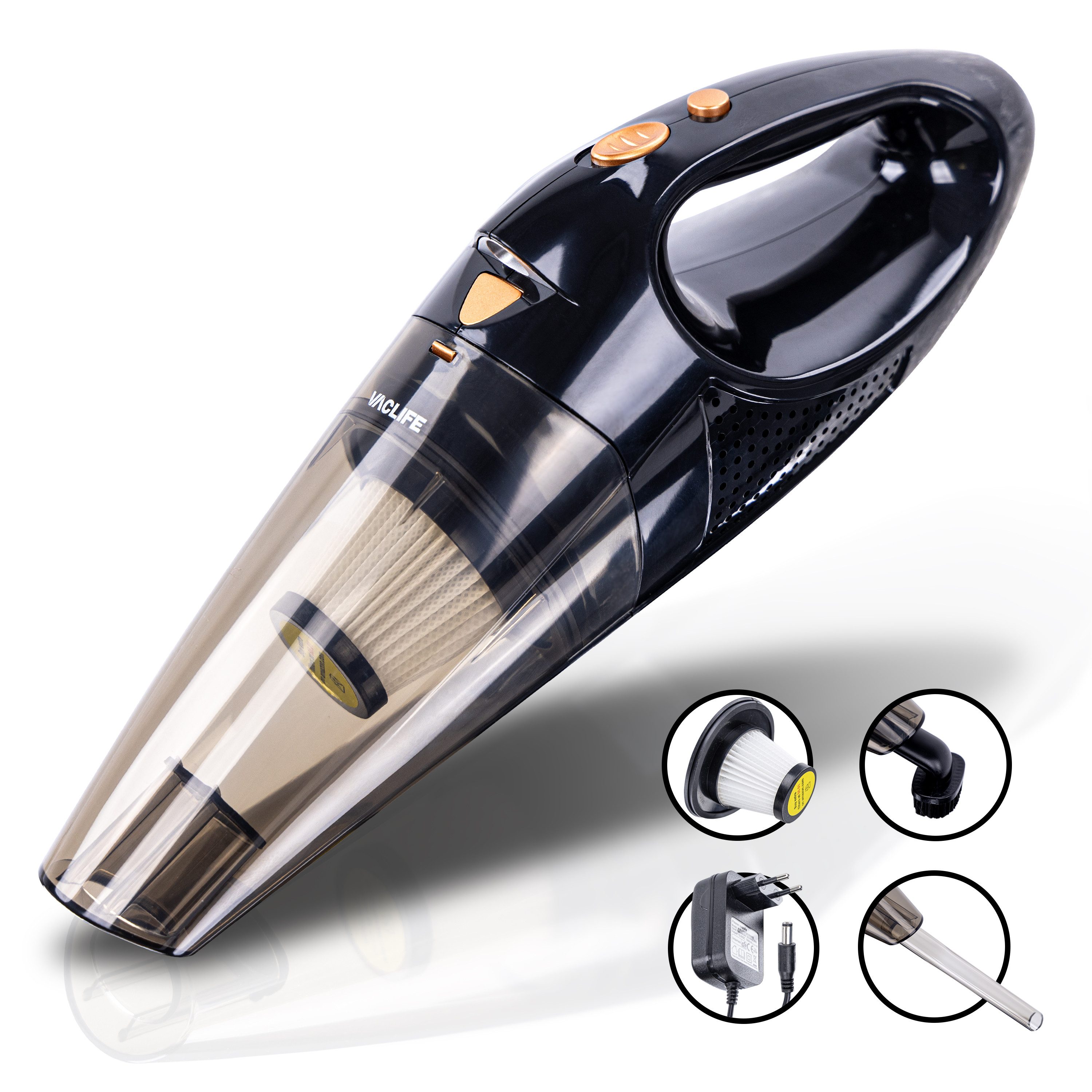 VACLIFE Akku-Handstaubsauger, 100,00 W, Beutellos, Kabellos, LED-Licht mit HEPA-Filter & Zwei Aufsätze