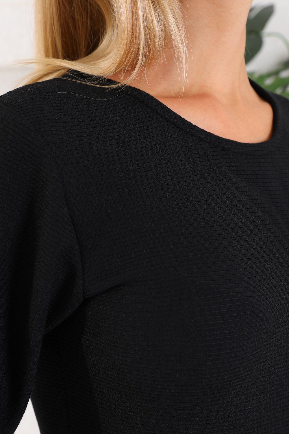 Midikleid mit Bongual A-Linien-Kleid 3/4-Ärmel elegantes Rippenstrick schwarz