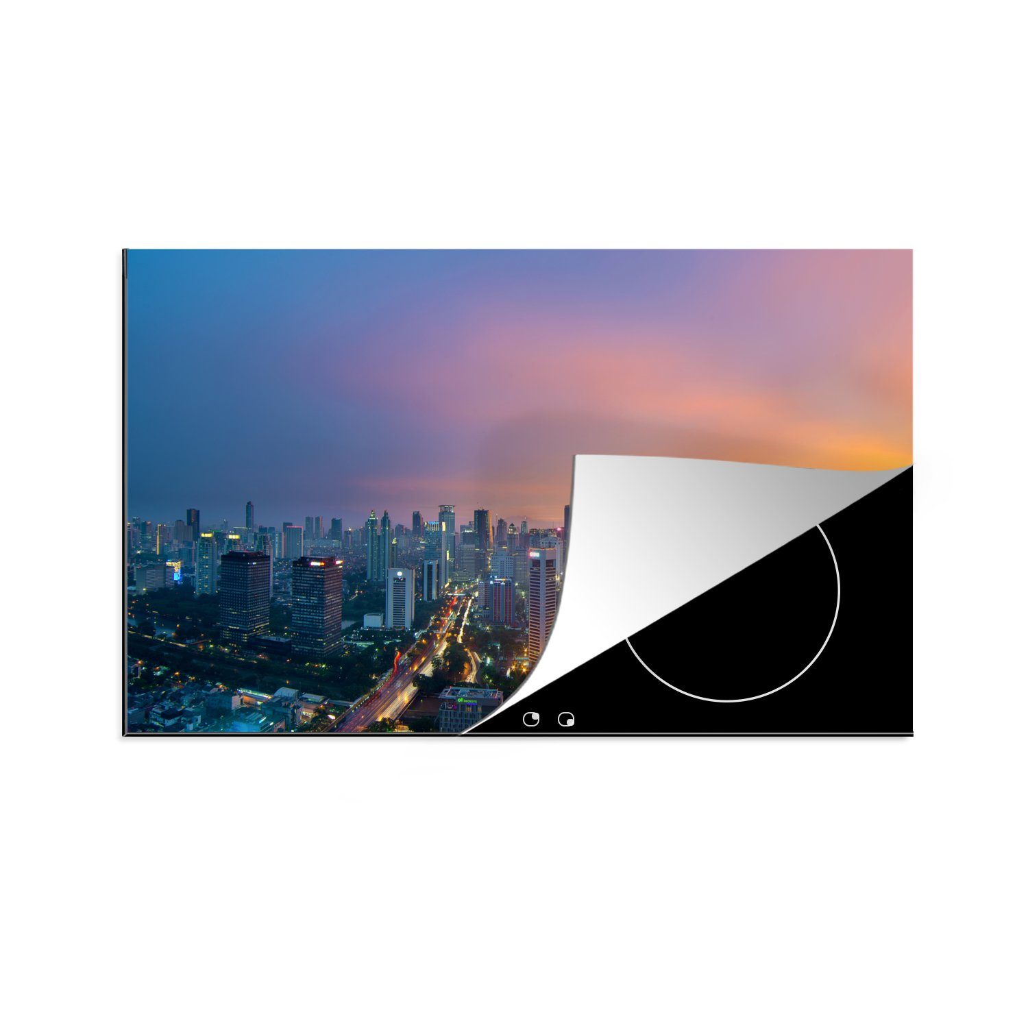 MuchoWow Herdblende-/Abdeckplatte Sonnenuntergang - Orange - Jakarta, Vinyl, (1 tlg), 83x51 cm, Ceranfeldabdeckung, Arbeitsplatte für küche