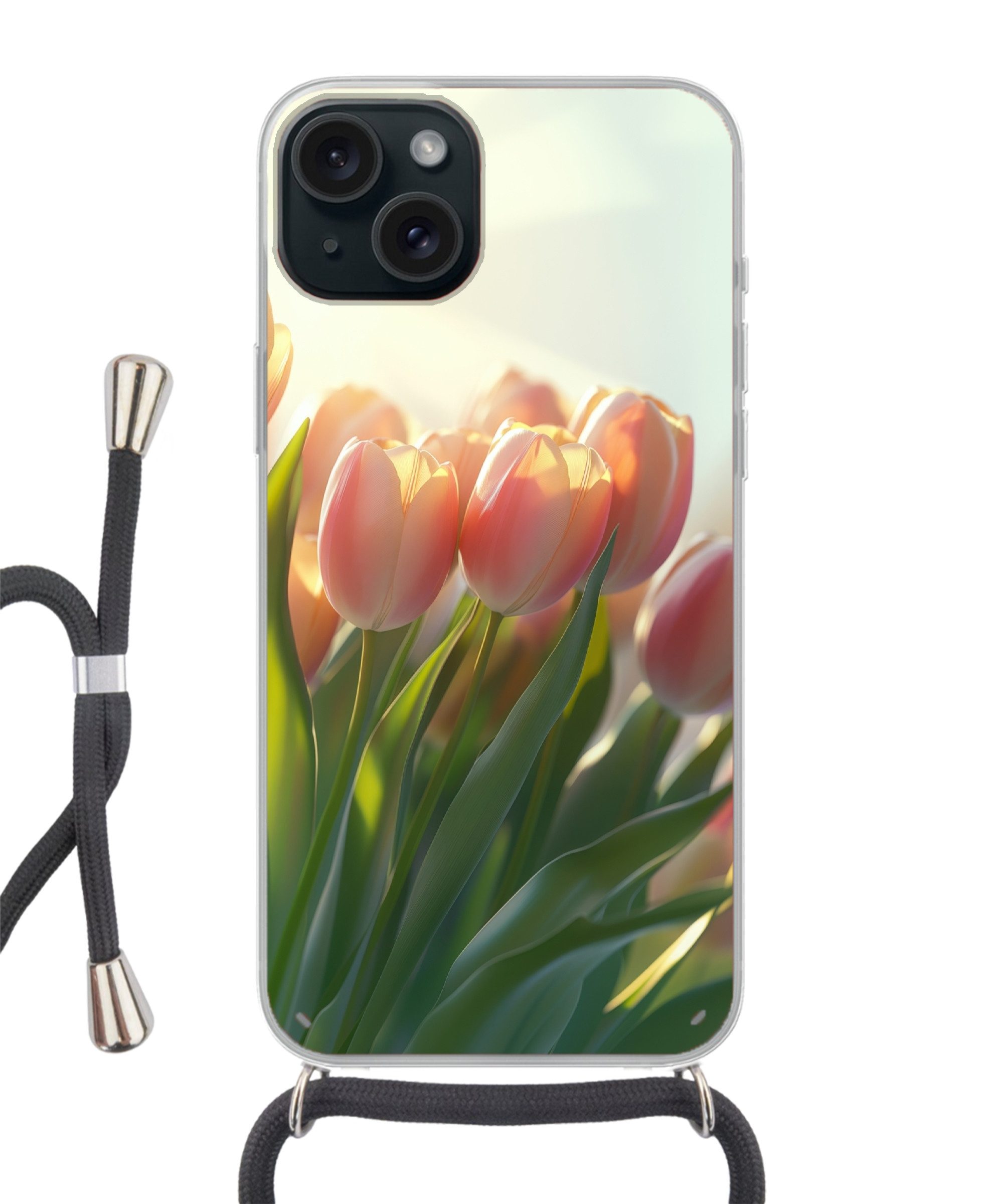 MuchoWow Handyhülle für Apple iPhone 15 Plus Tulpen - Rosa - Sonnenstrahlen, Tragbare Handyhüllen mit Kette zum umhängen, Handykette Handyband