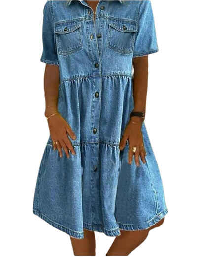 ZWY Jeanskleid Kurzärmliges Jeanskleid mit Revers,jeansrock damen knielang (M-XL) Blusenkleid damen,sommerkleid damen leicht