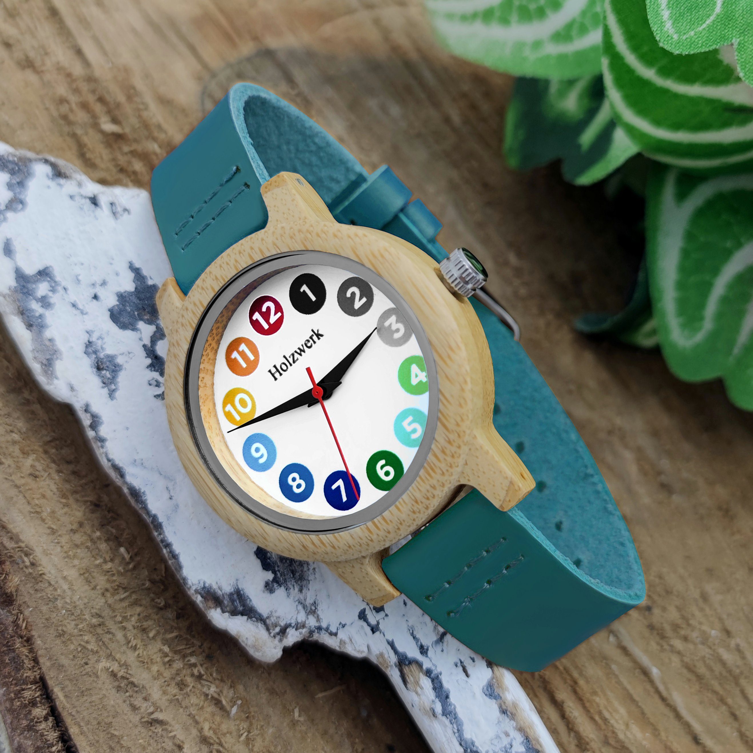 Holzwerk Quarzuhr LIL RAINBOW BLUE bunte Kinder Leder & Holz Armband Uhr, türkis blau