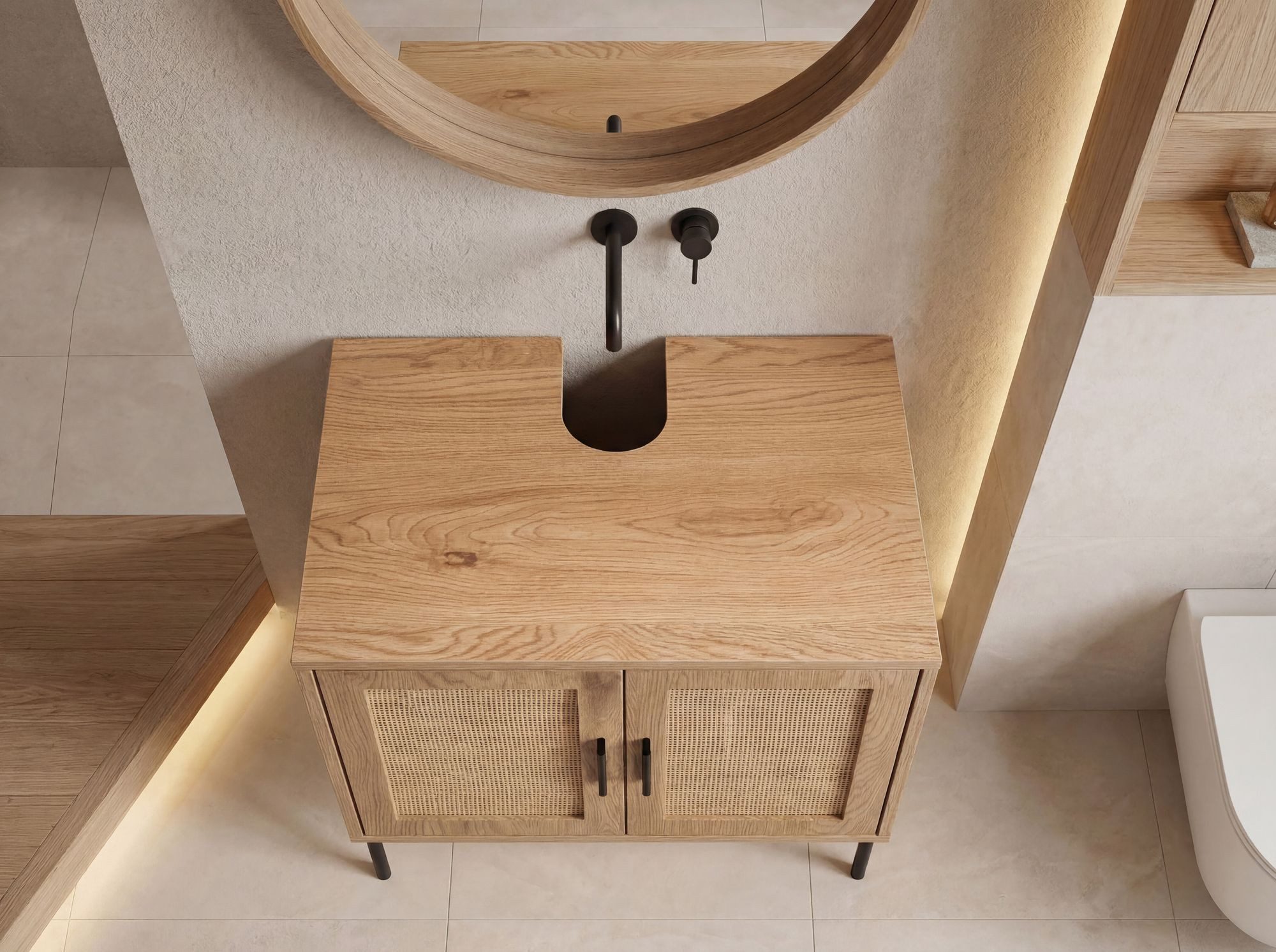 FineBuy Waschbeckenunterschrank Eiche-Optik 60x60x40 cm mit Türen, Badezimmerschrank mit Rattangeflecht, Unterschrank Stehend, Badschrank Midischrank Klein Wasc – Bild 5 von 5