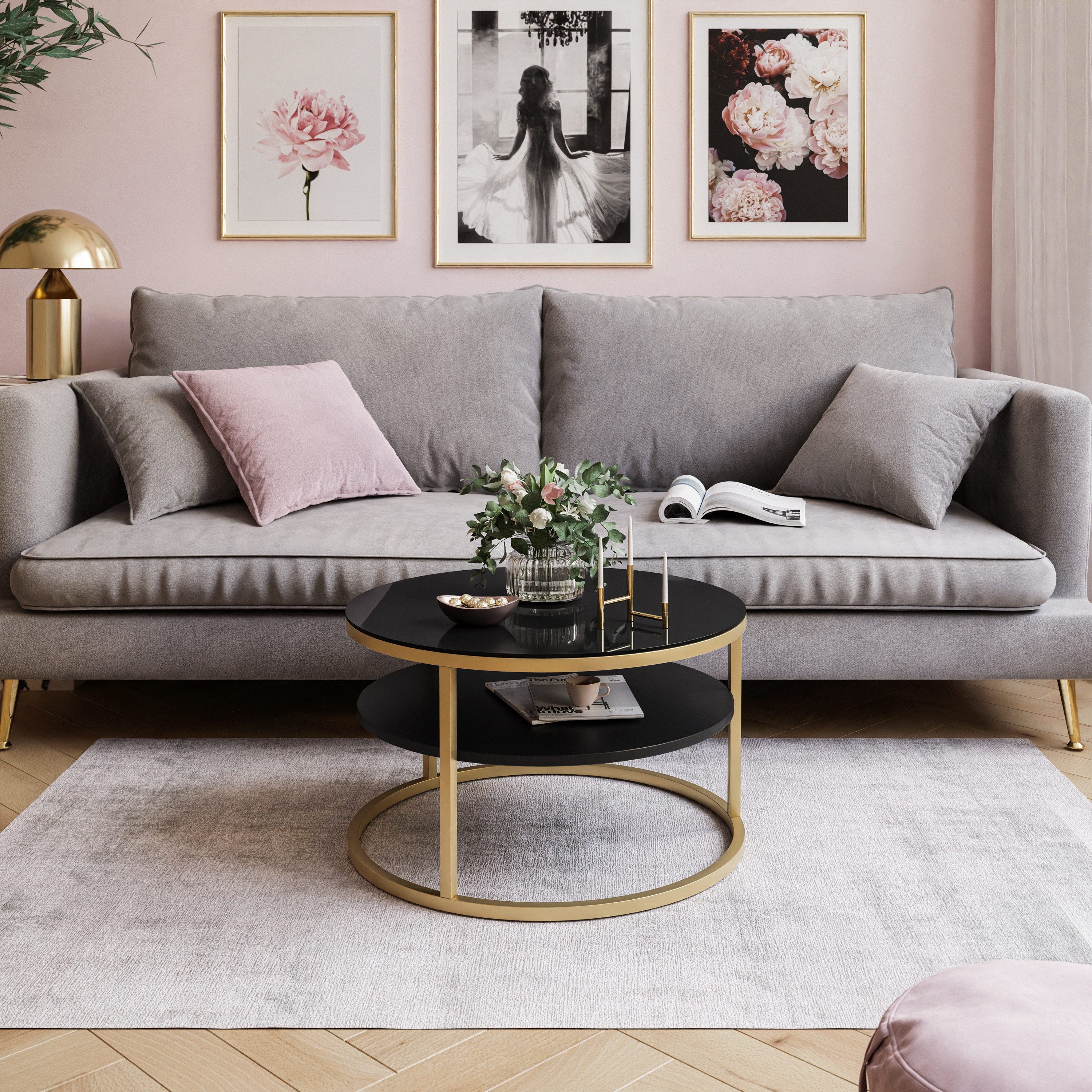 Lookway Couchtisch CIRI GLASS 60 mit goldmattem Gestell und Ablage (1 Tische), Durchmesser: ⌀ 60 cm